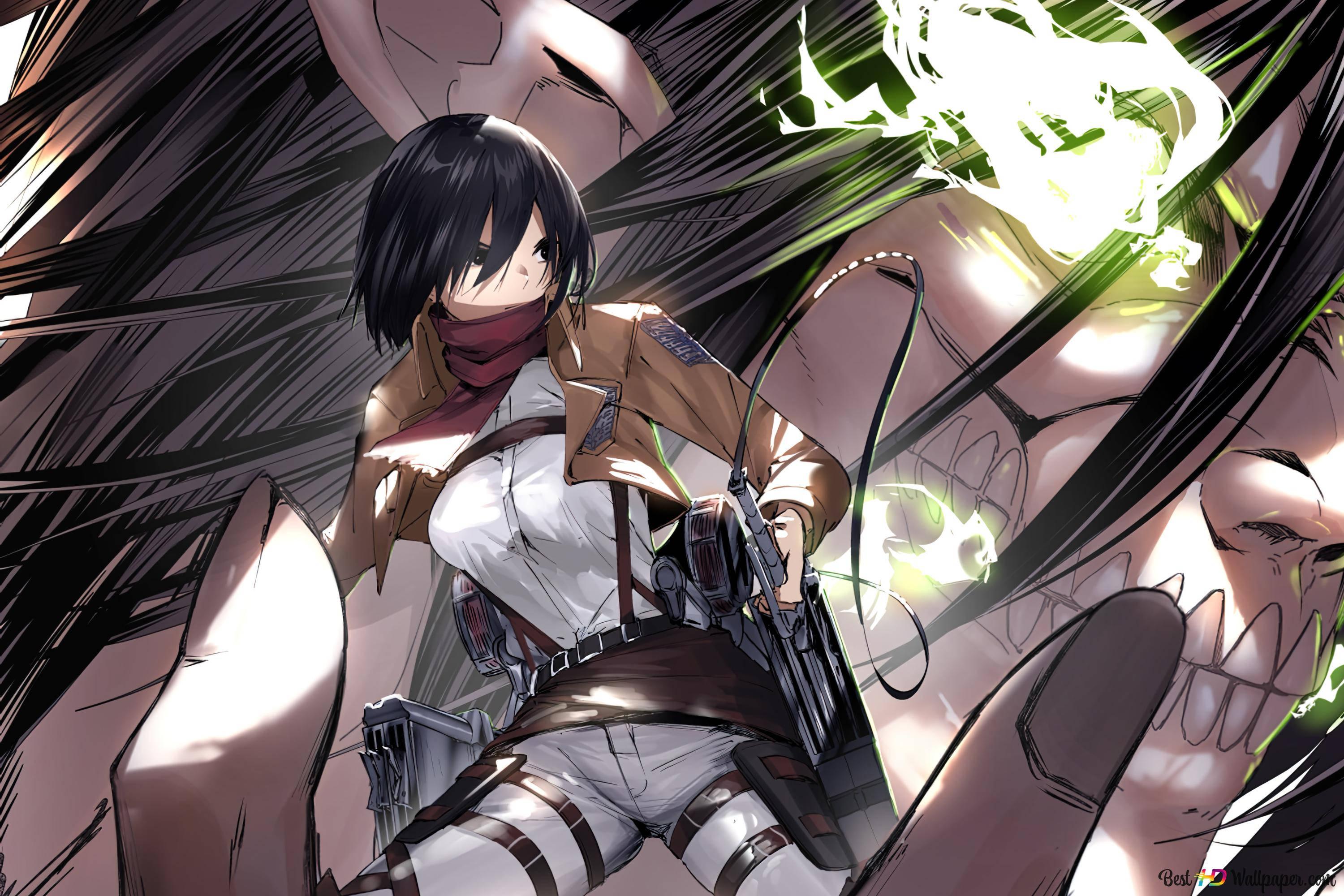 Atacul Titanilor Titan Eren care o poartă pe Mikasa Fundal