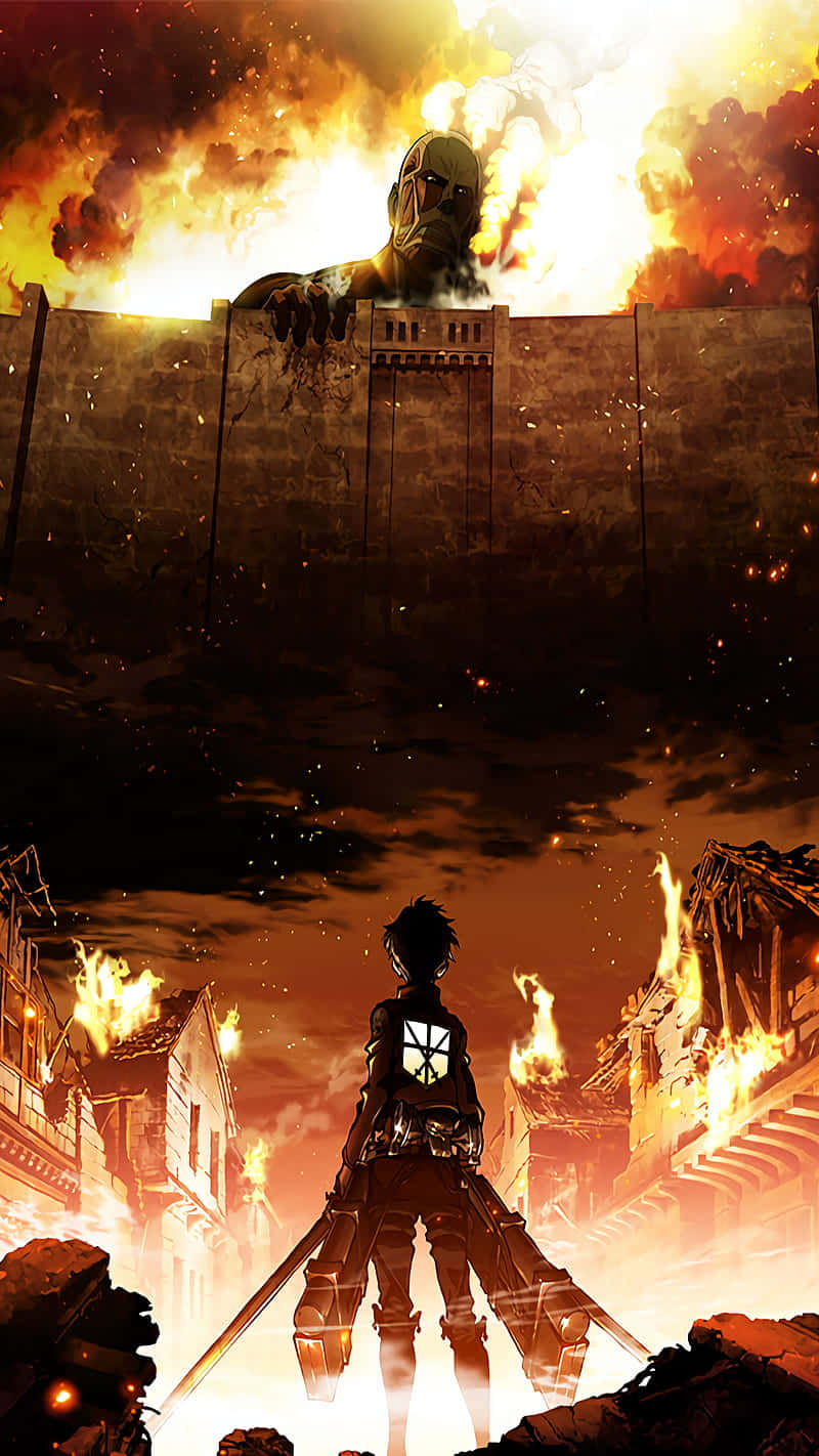 Attack On Titan Anime Oraș În Flăcări Uriaș Fundal