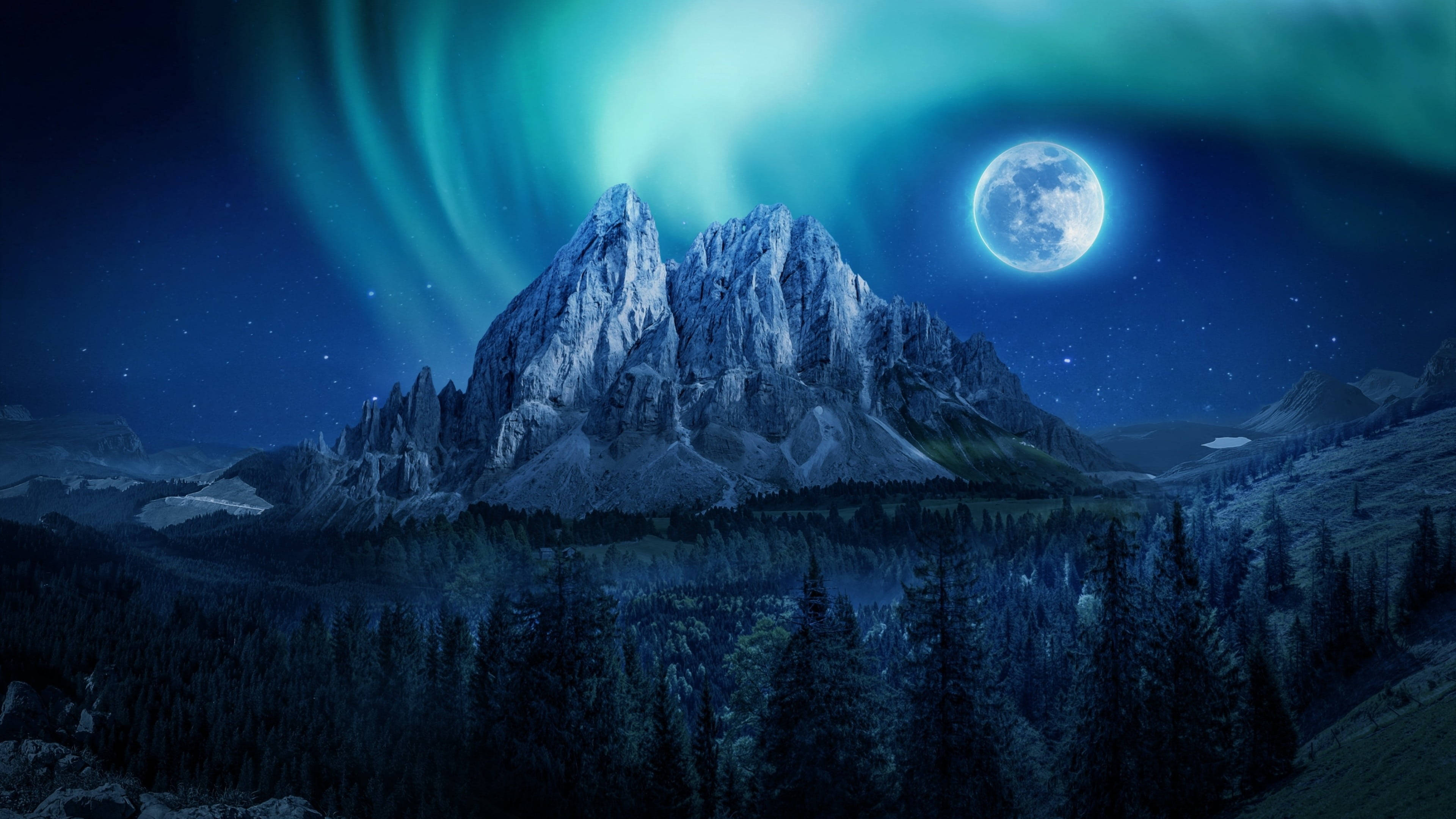 Aurora boreală cu lună plină Fundal
