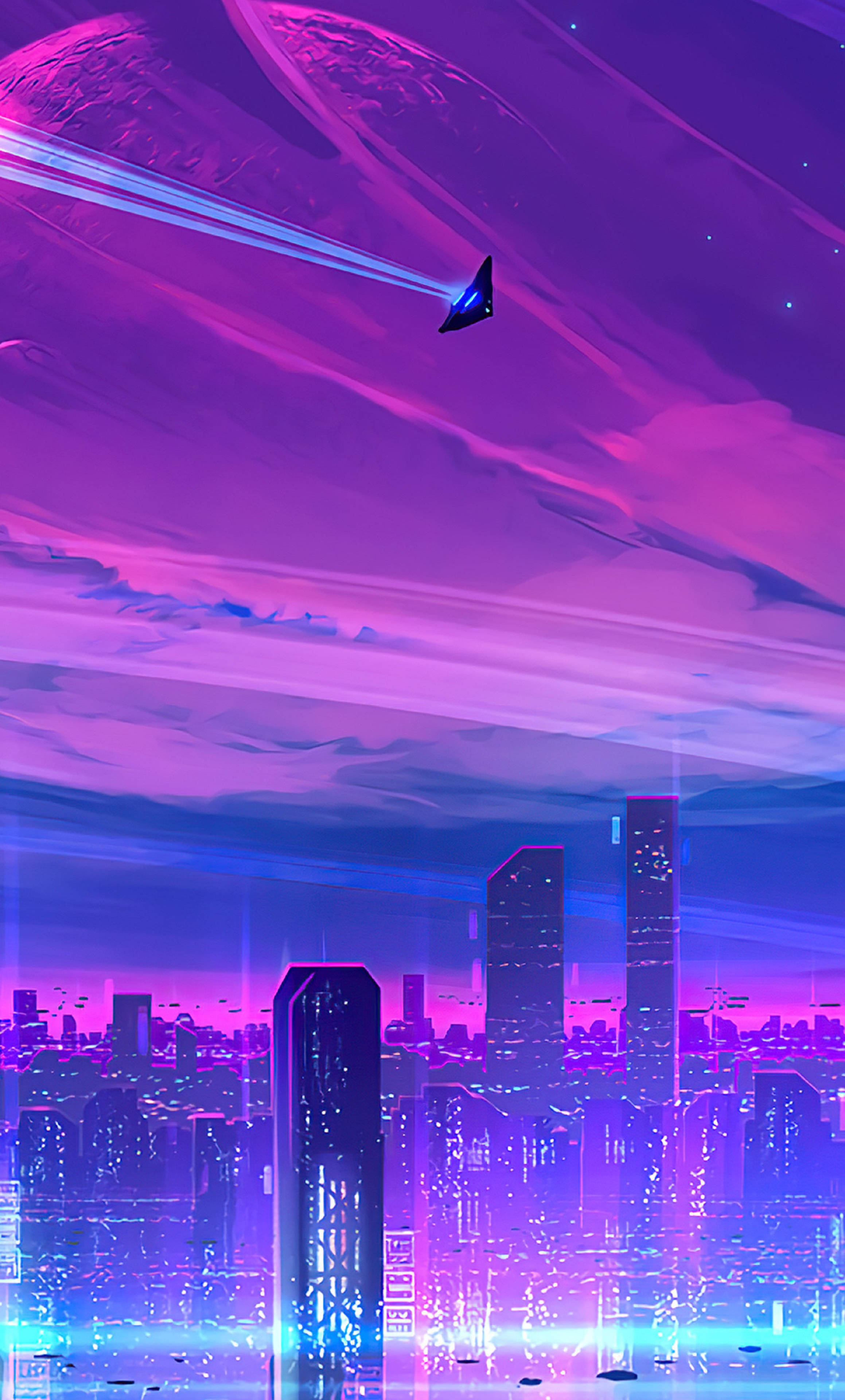 Avion cu reacție neon 4K în oraș neon Fundal
