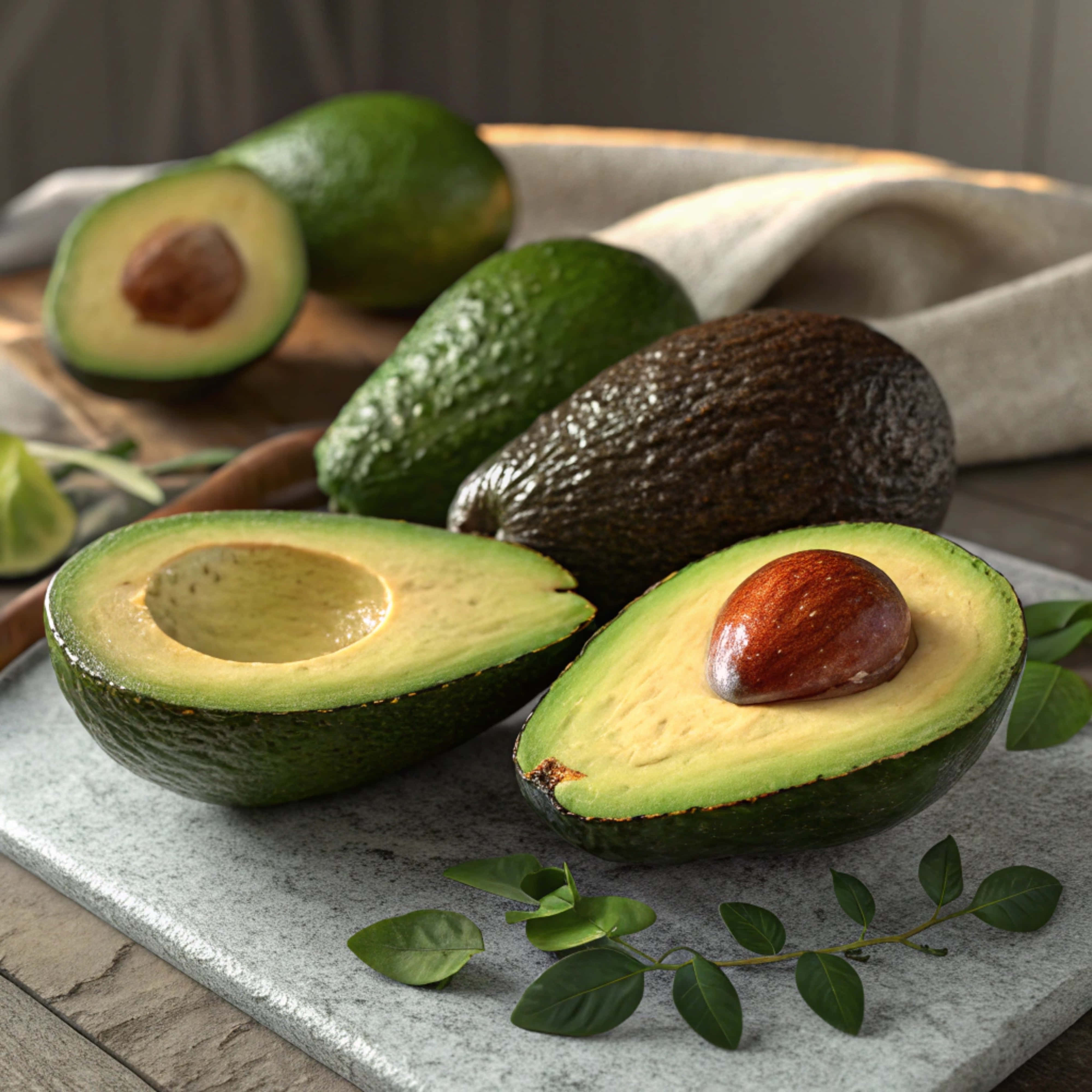 Avocado proaspete tăiate în jumătate și întregi pe o suprafață de marmură Fundal