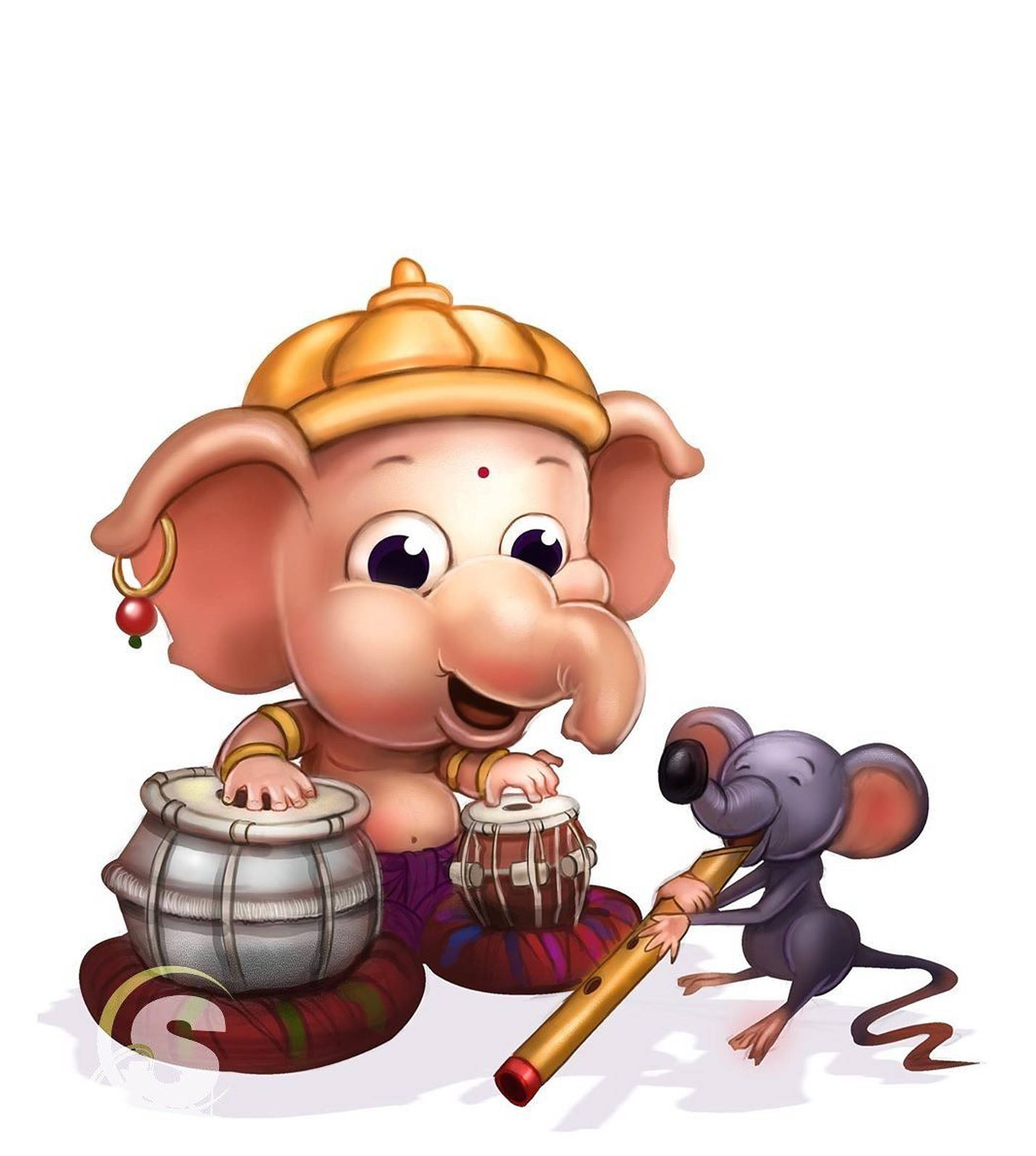 Baby Ganesh Tocând Toba cu Șoarece Artă Fundal