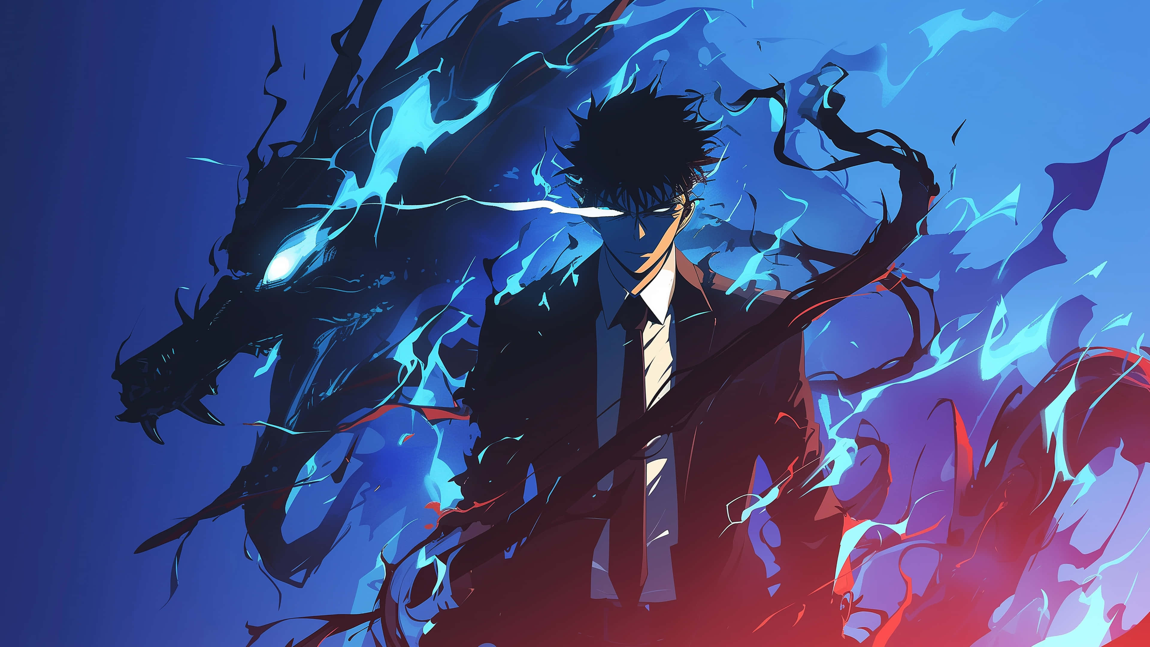Băiat Anime Epic cu Aură de Fulger Albastru 4K Fundal