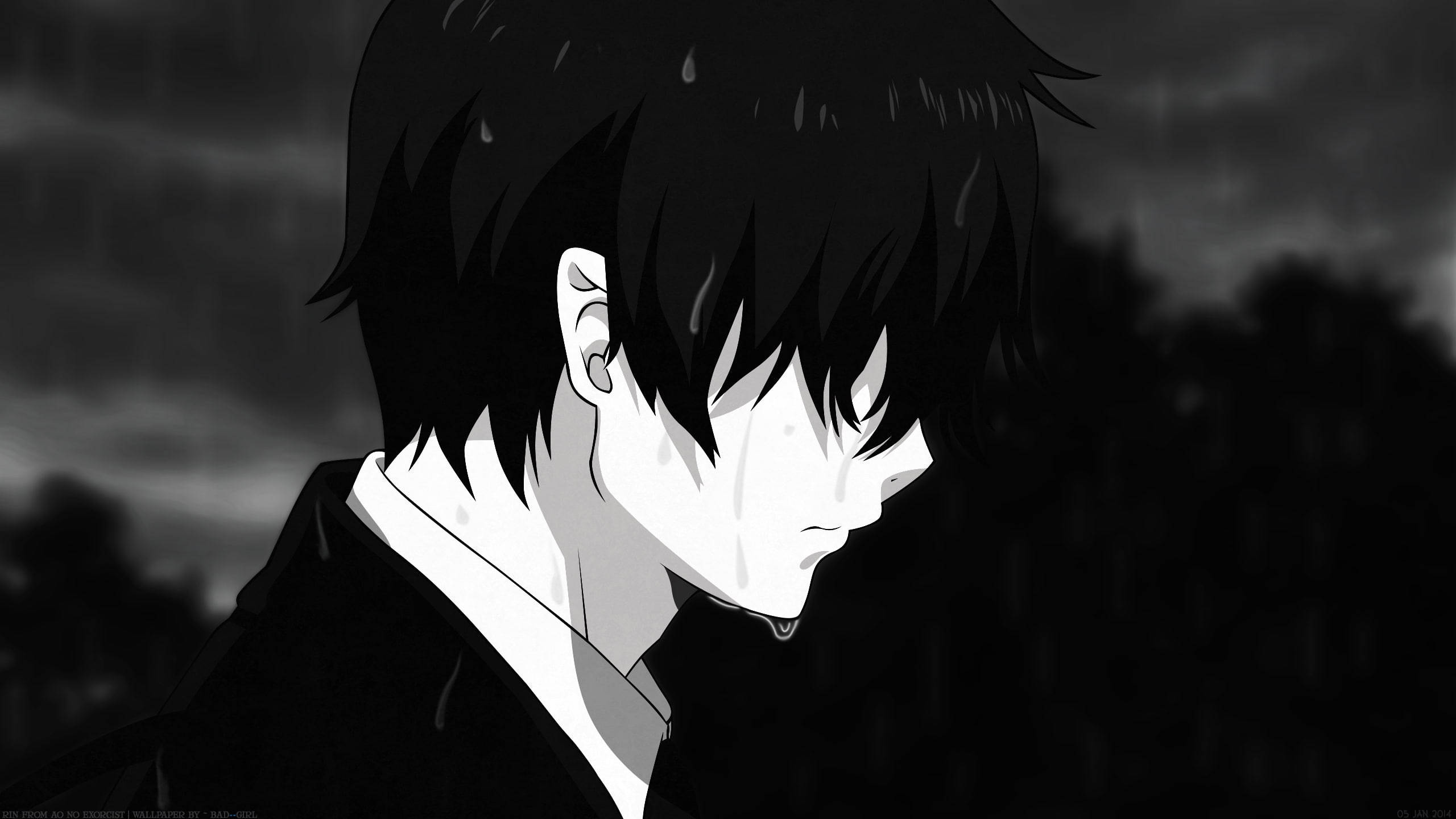 Băiat anime melancolic alb-negru Fundal