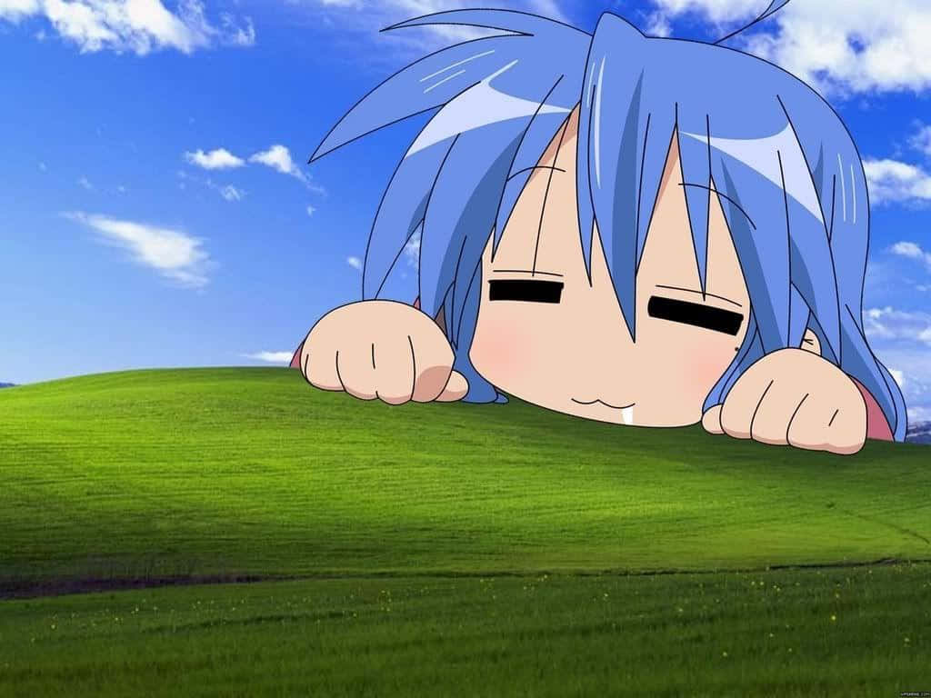 Băiat Anime Râzând Bucurându-se de un Moment Hilar Fundal