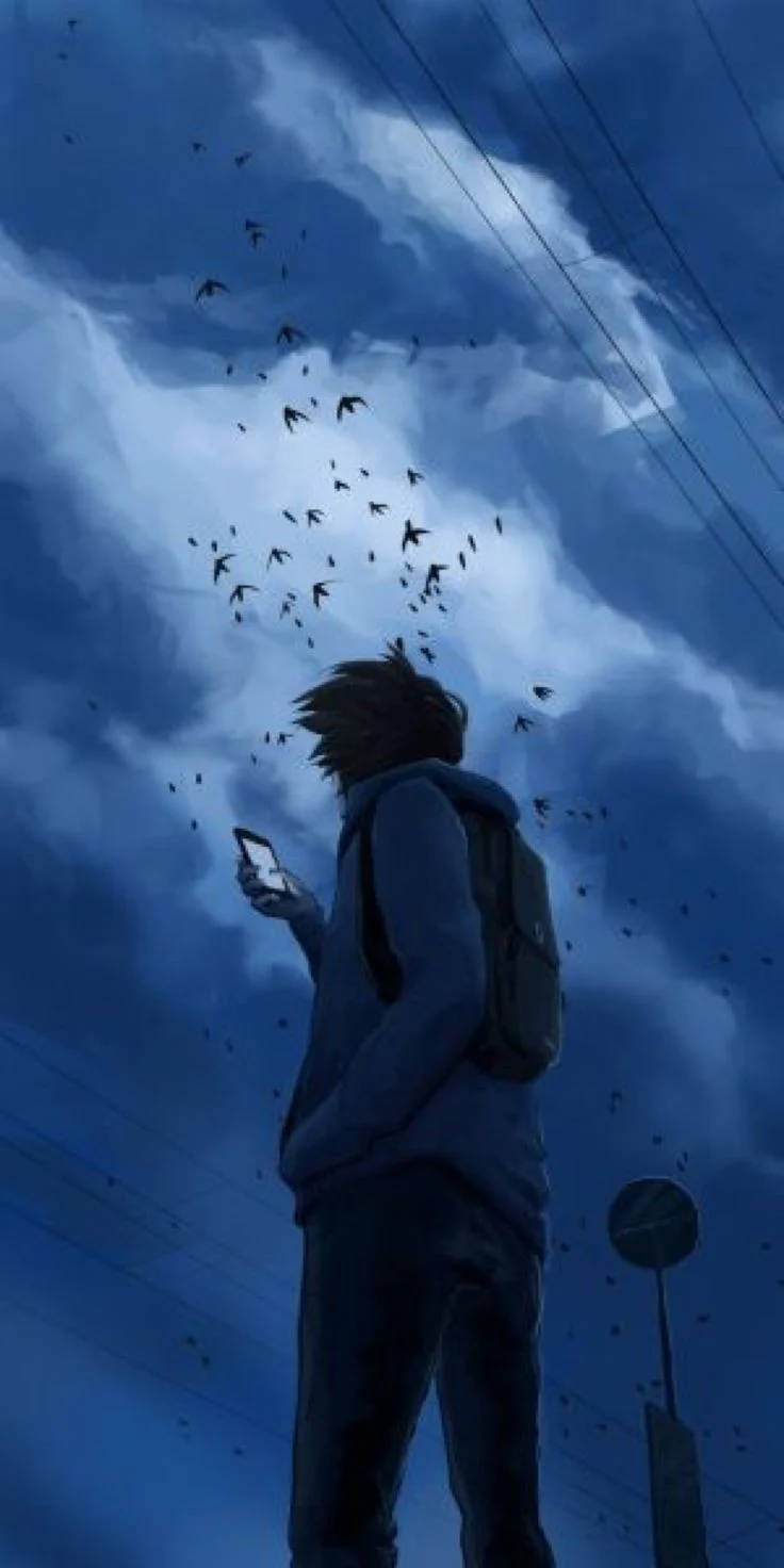 Băiat singur anime sub un cer întunecat Fundal