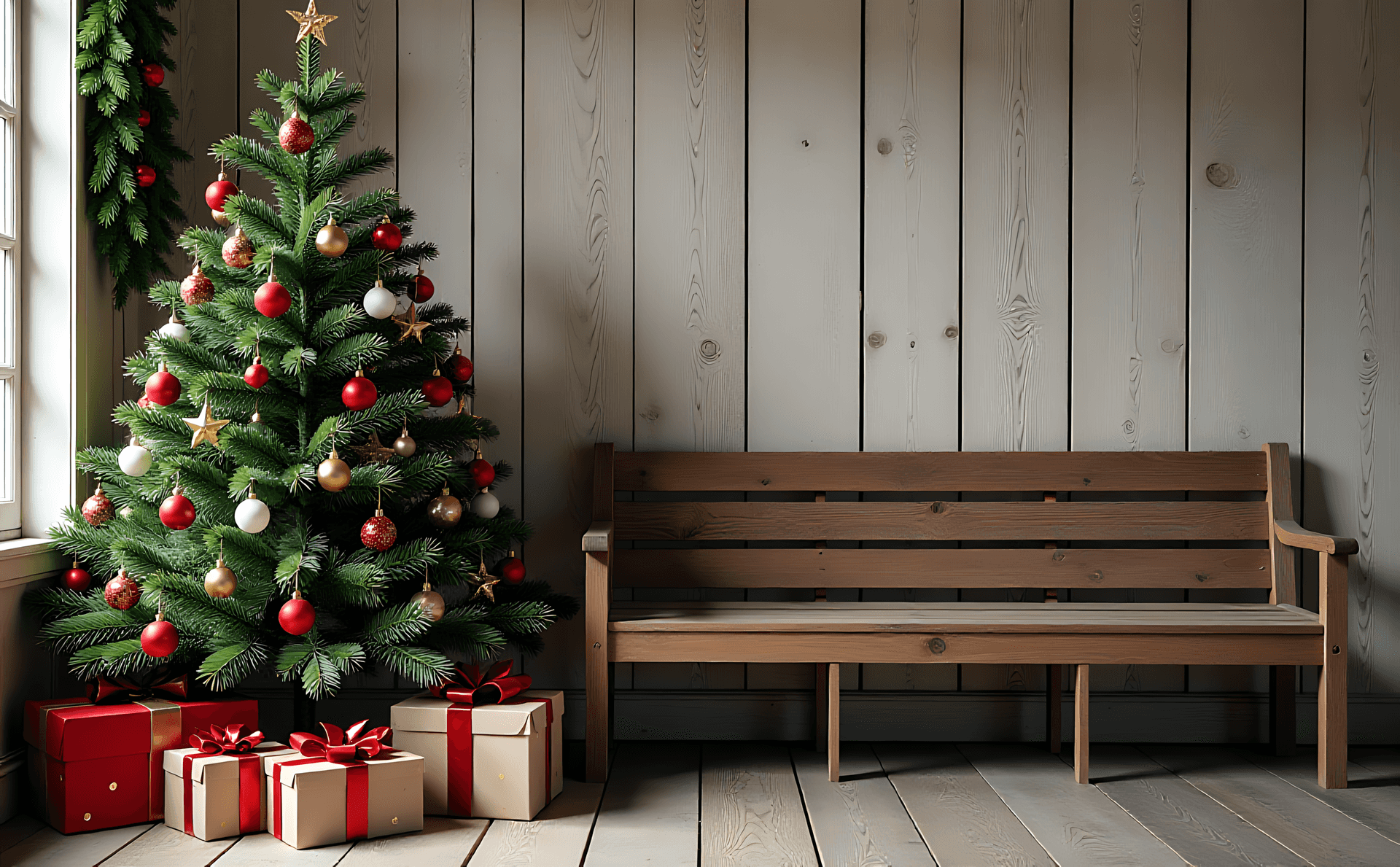 bancă,Crăciun,brad,cadouri,confortabil,sărbătoare,decor,interior,pin,sezonier,festiv,ornamente,celebrare,călduros,rustic