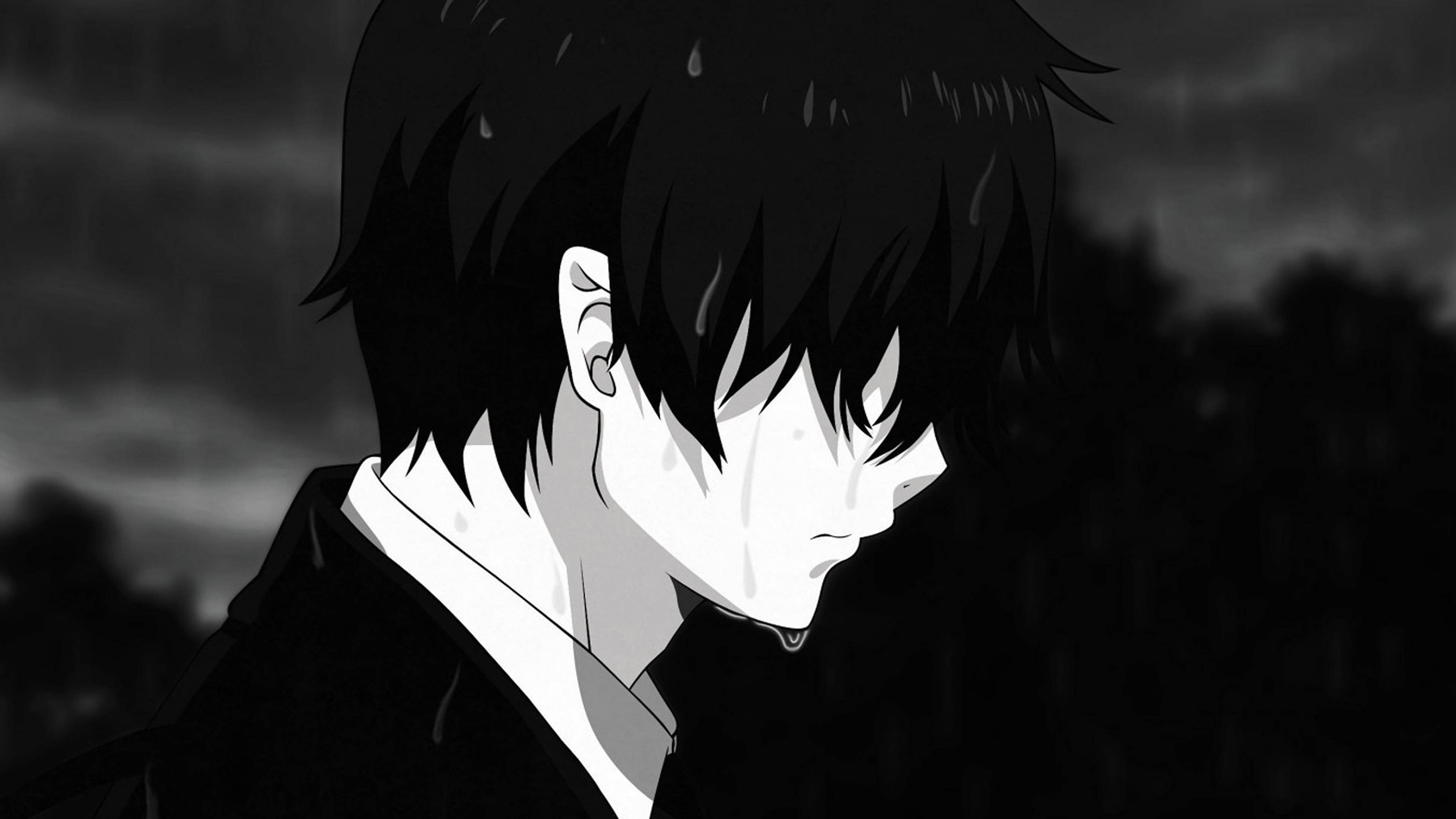 Bărbat trist din anime care plânge în ploaie 4K Fundal
