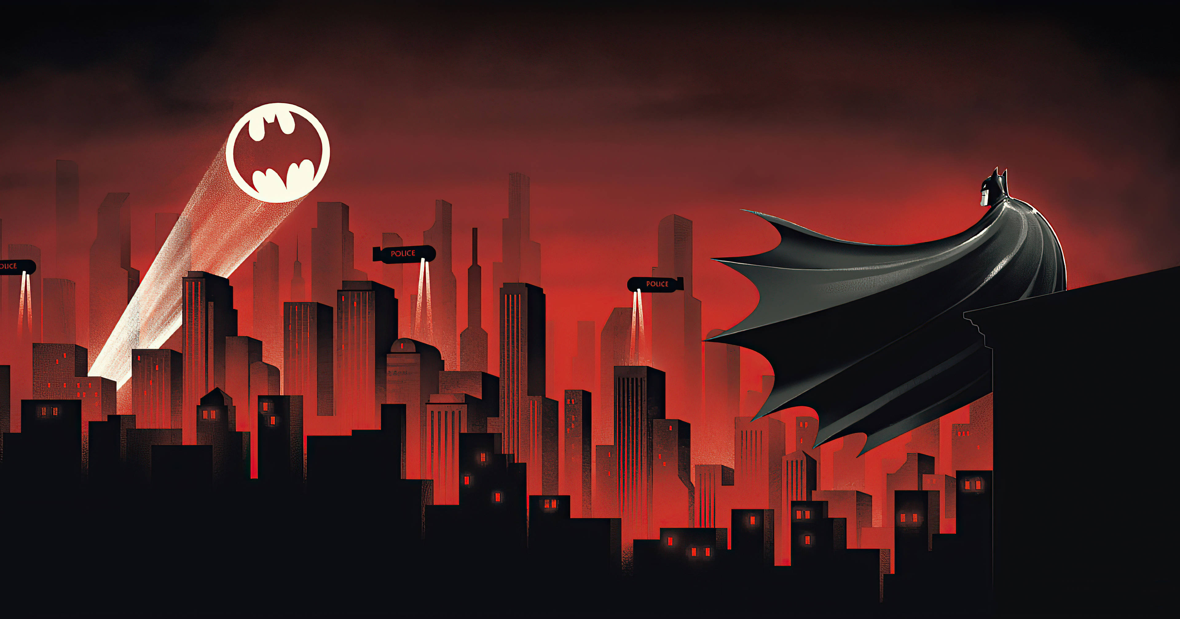 Batman Animat în Orașul Roșu cu Reflector Desktop Fundal