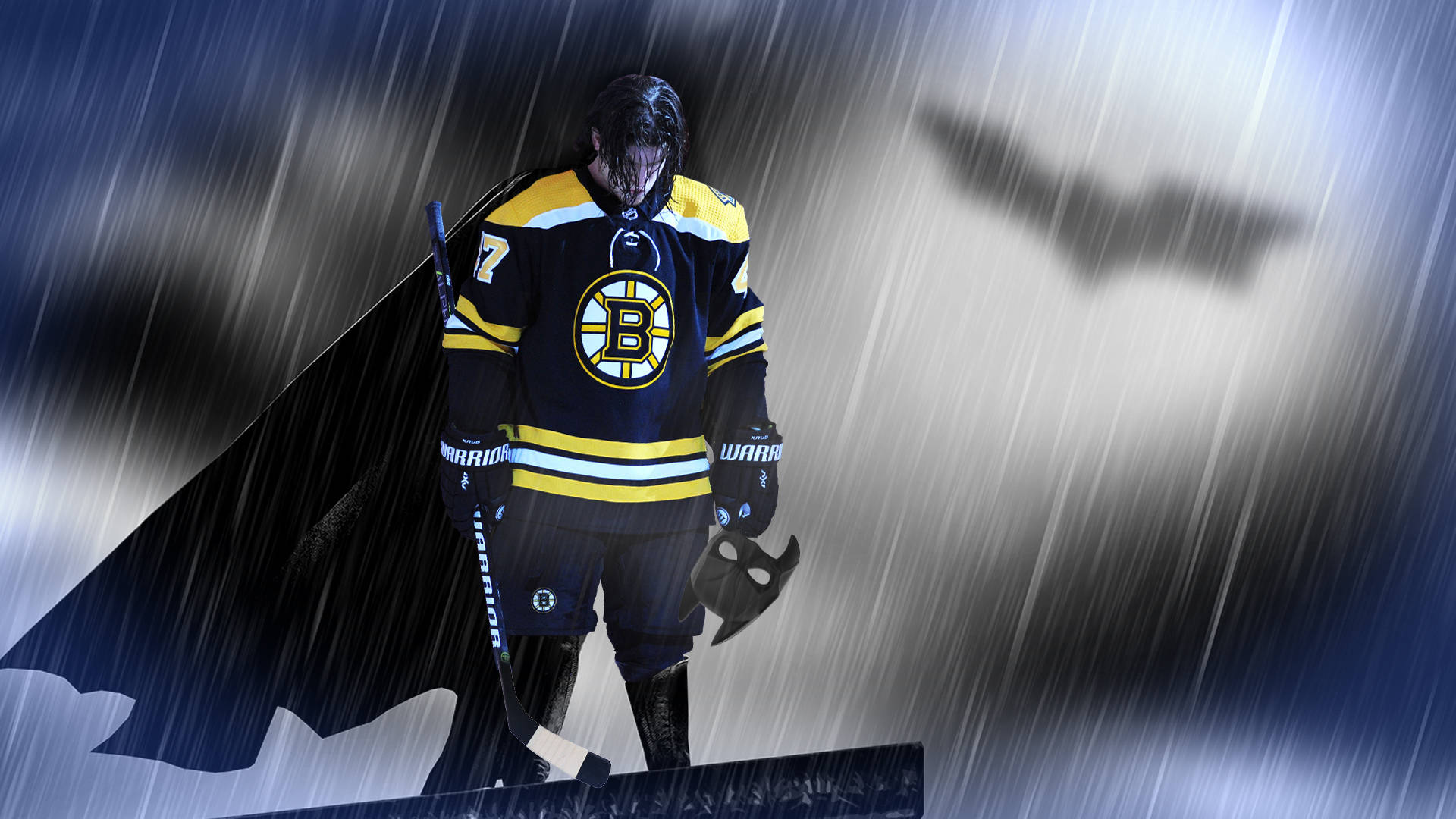 Batman îmbrăcat în echipamentul lui Torey Krug de la Boston Bruins Fundal