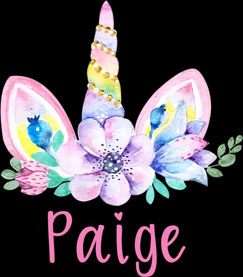 Bentiță florală cu unicorn personalizată cu numele Paige Fundal