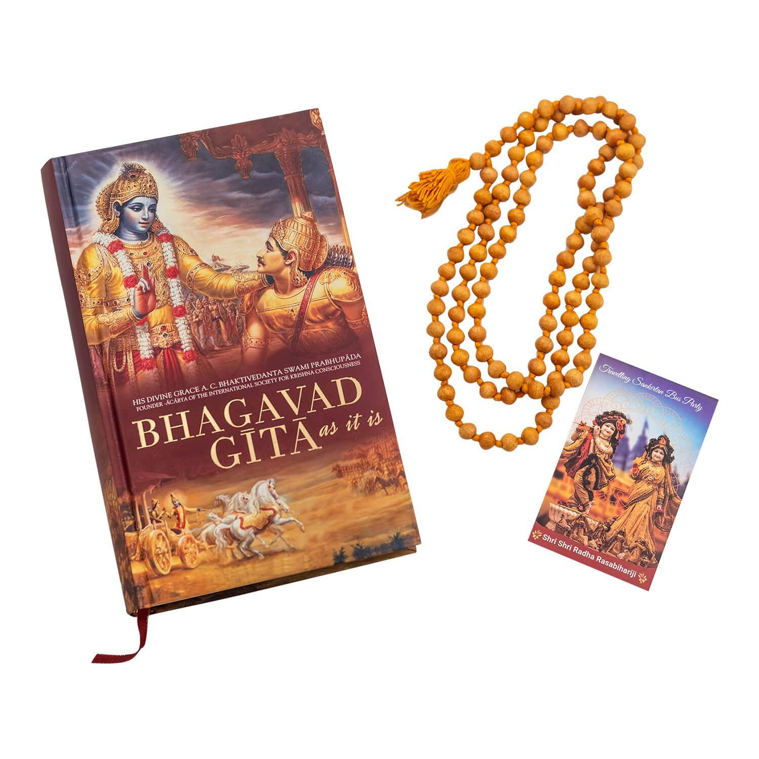 Bhagavad Gita și șiragul galben de mărgele japa mala Fundal