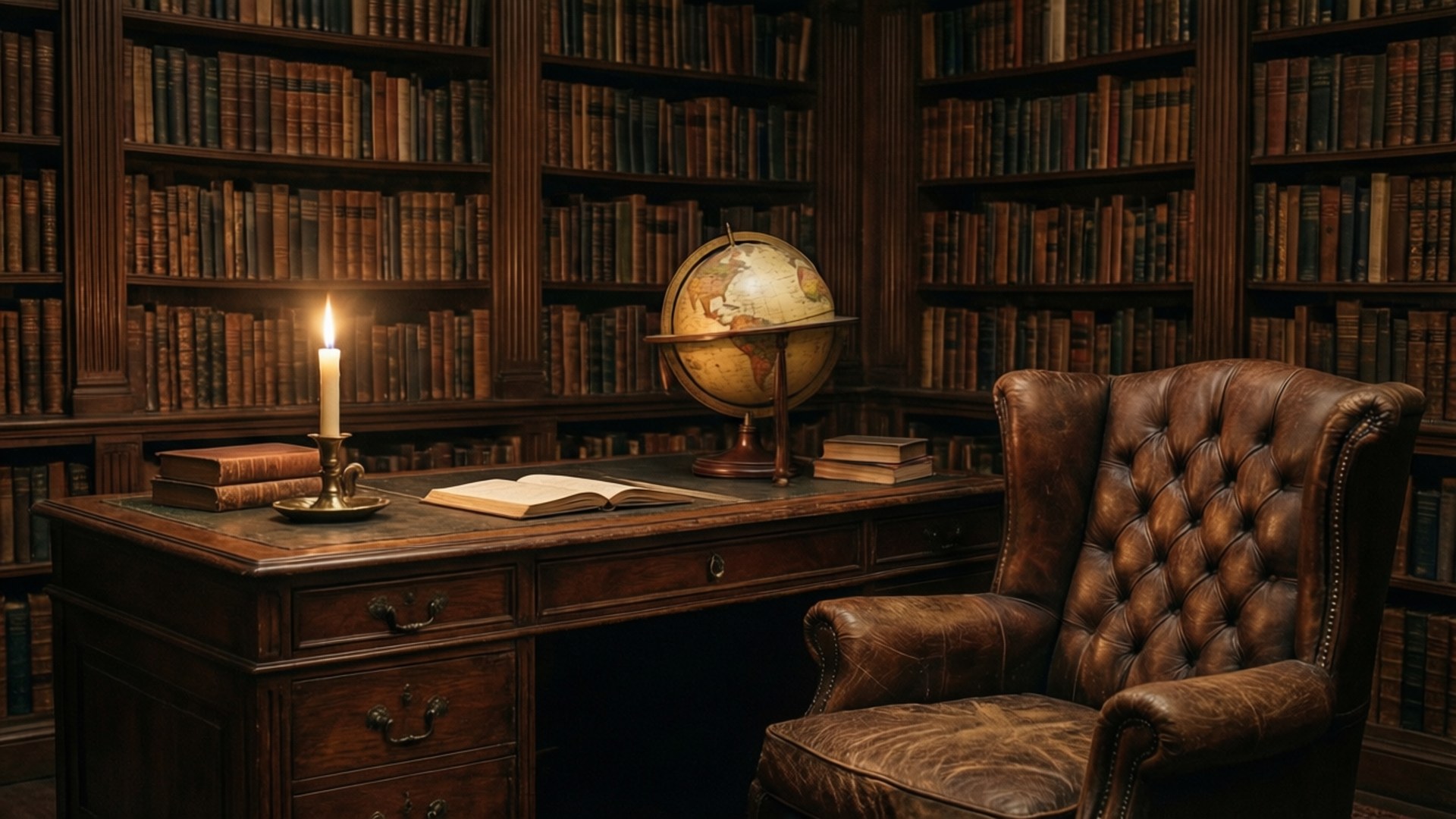 Bibliotecă de studiu luminată de lumânări Fundal