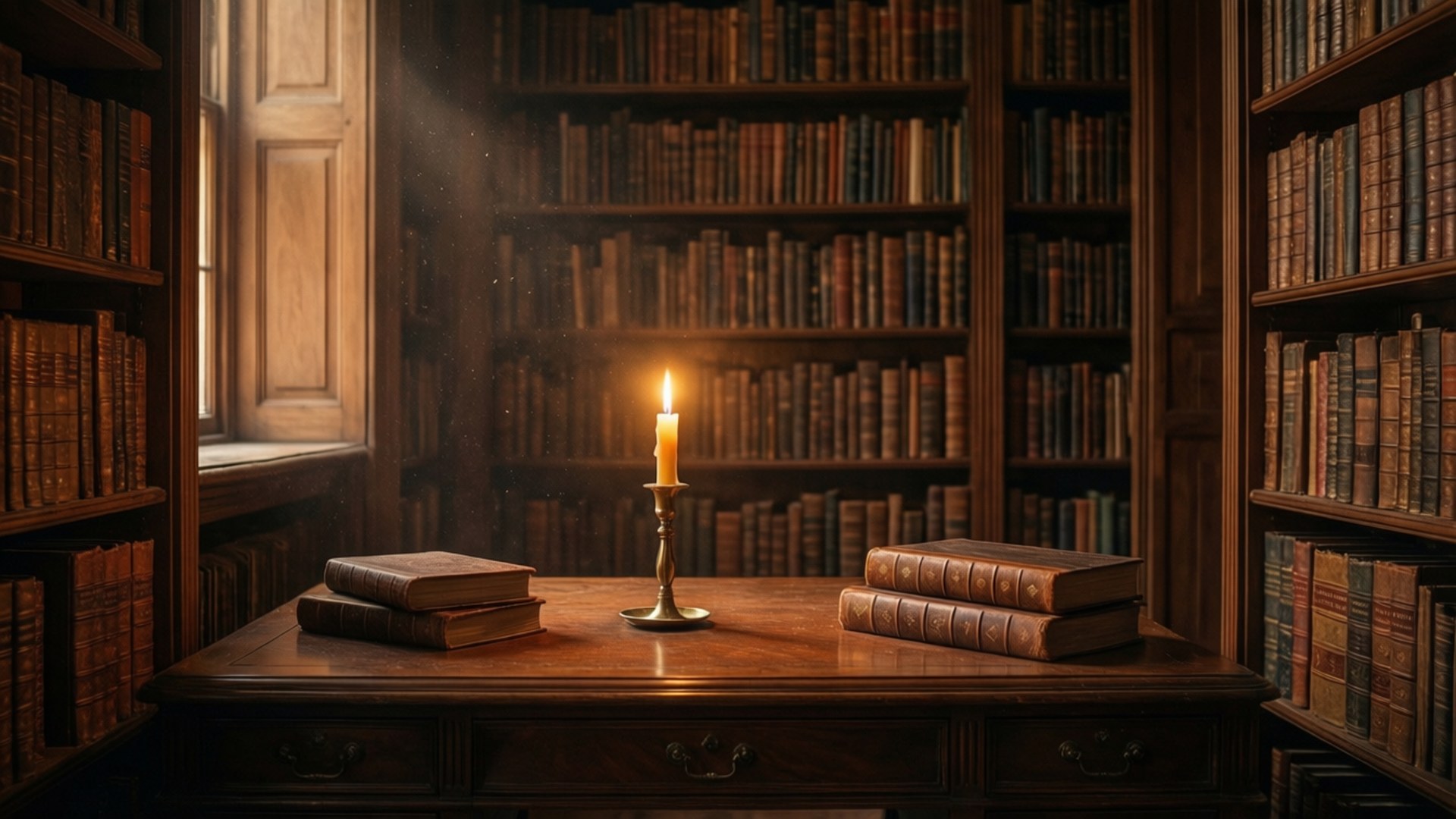 Bibliotecă de studiu luminată de lumânări Fundal