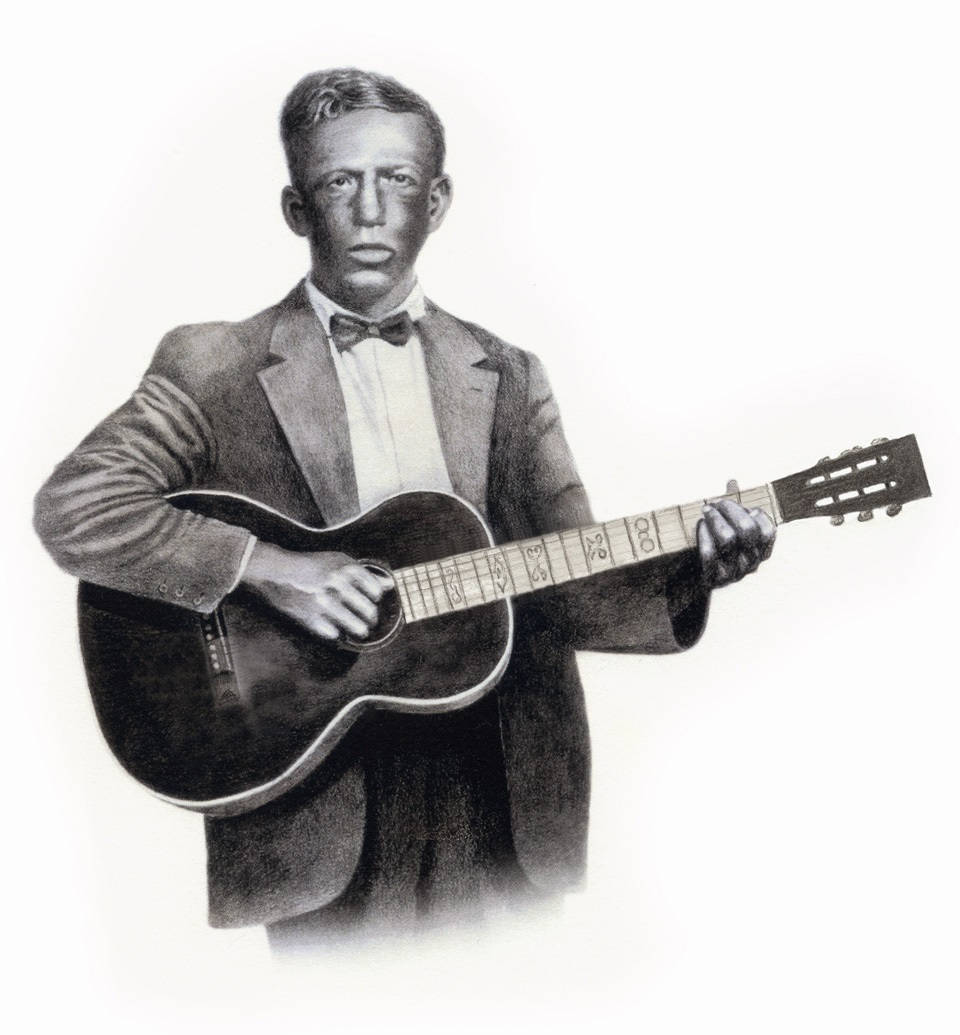 Bluesmanul american Charley Patton cu o chitară Fundal
