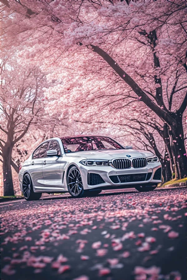 BMW Alb Elegant de Primăvară Sub Flori de Cireș Fundal