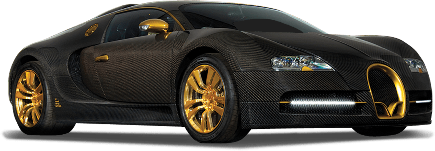 Bugatti Veyron neagră cu accente aurii vedere laterală Fundal