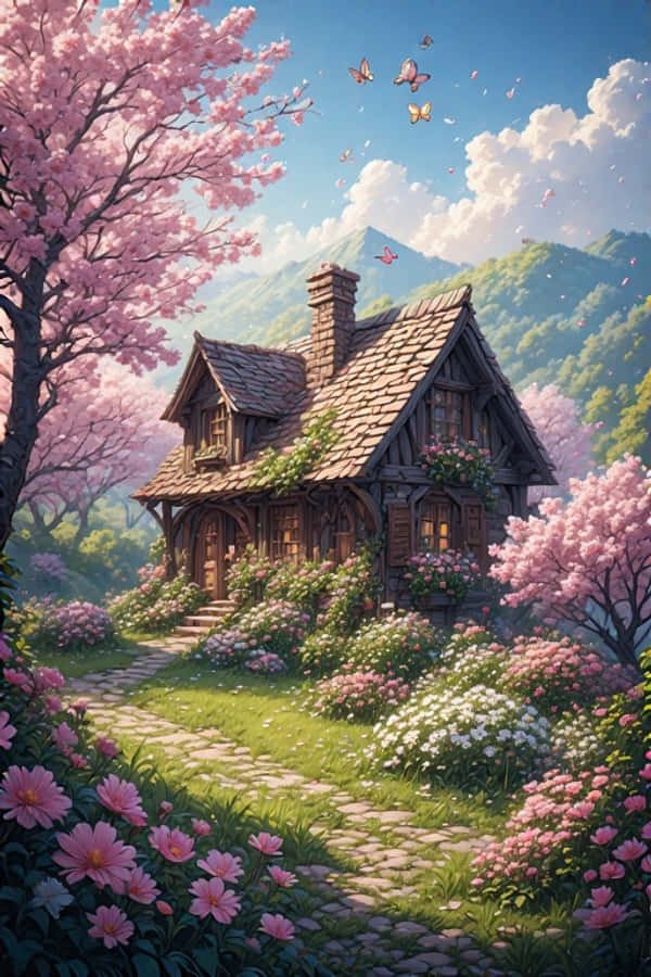 Cabana de primăvară cu grădină de florescență Natura veselă 4K Fundal