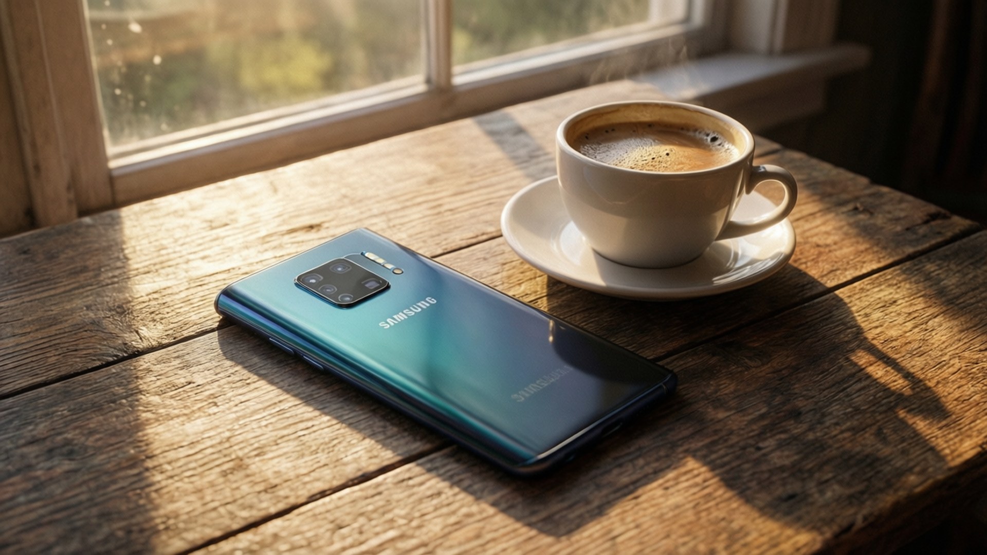 Cafeaua de dimineață cu Galaxy S10 Fundal