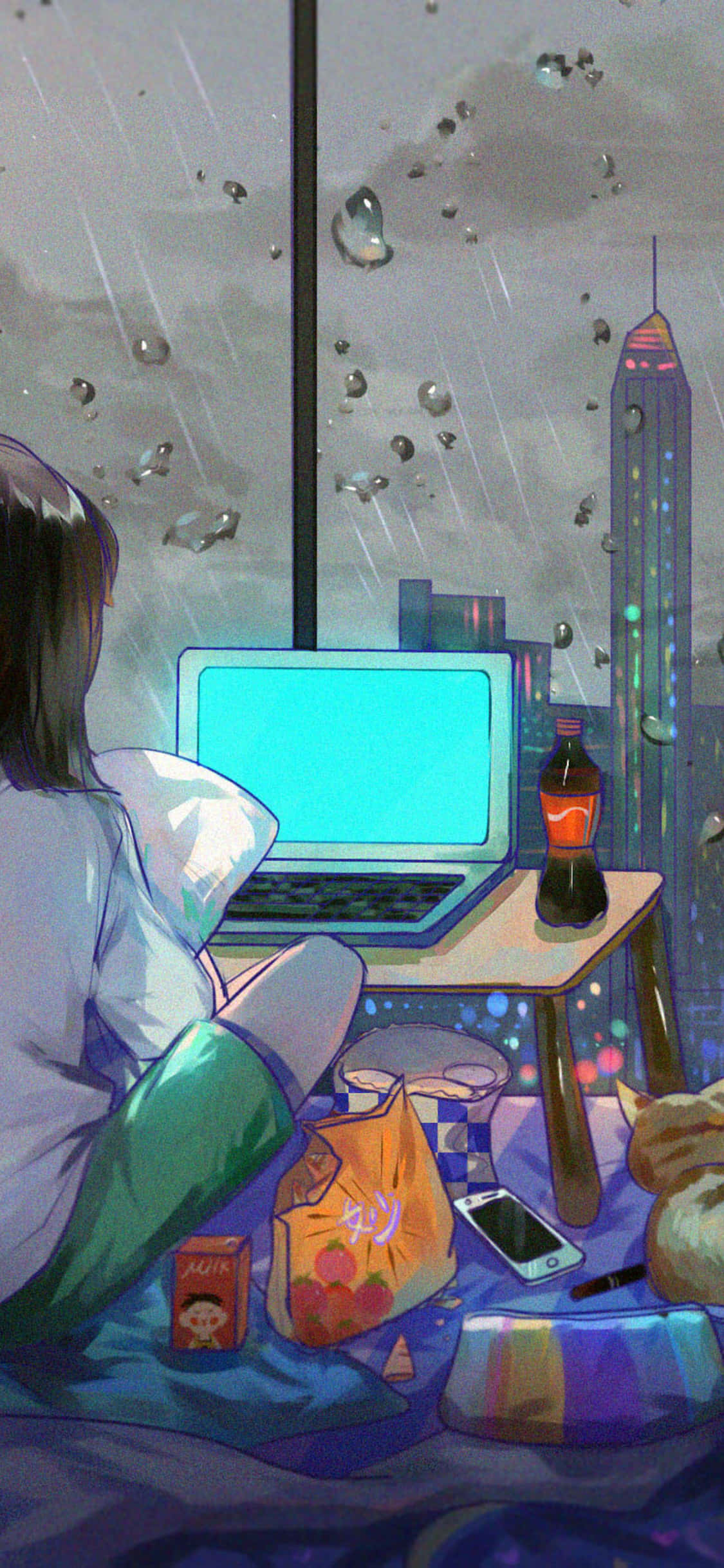 Camera Anime Captivantă cu Vedere Panoramică la Oraș Fundal