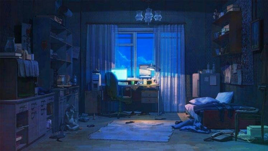 Cameră anime slab luminată cu laptopul pornit Fundal