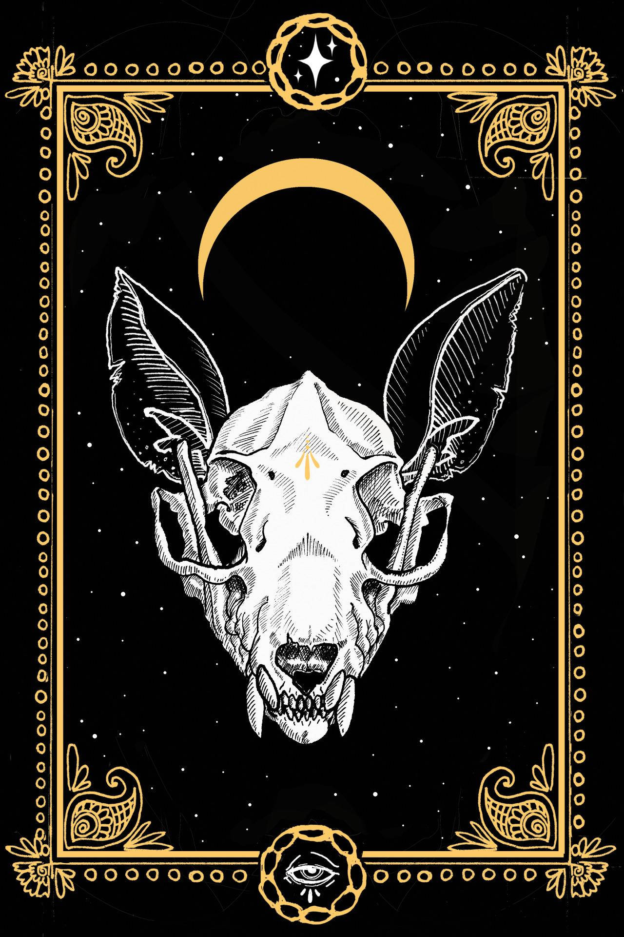 Cartă Tarot cu Estetică Vrăjitorească și Craniu Fundal