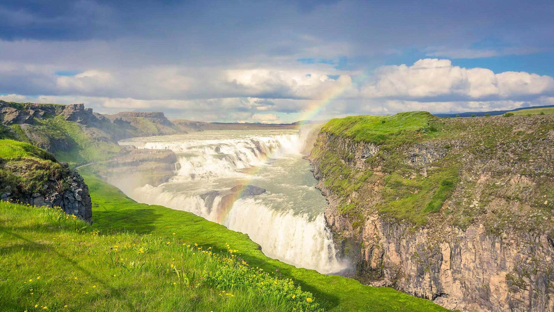 Cascada Gullfoss din sud-vestul Islandei, fotografie unghi larg Fundal