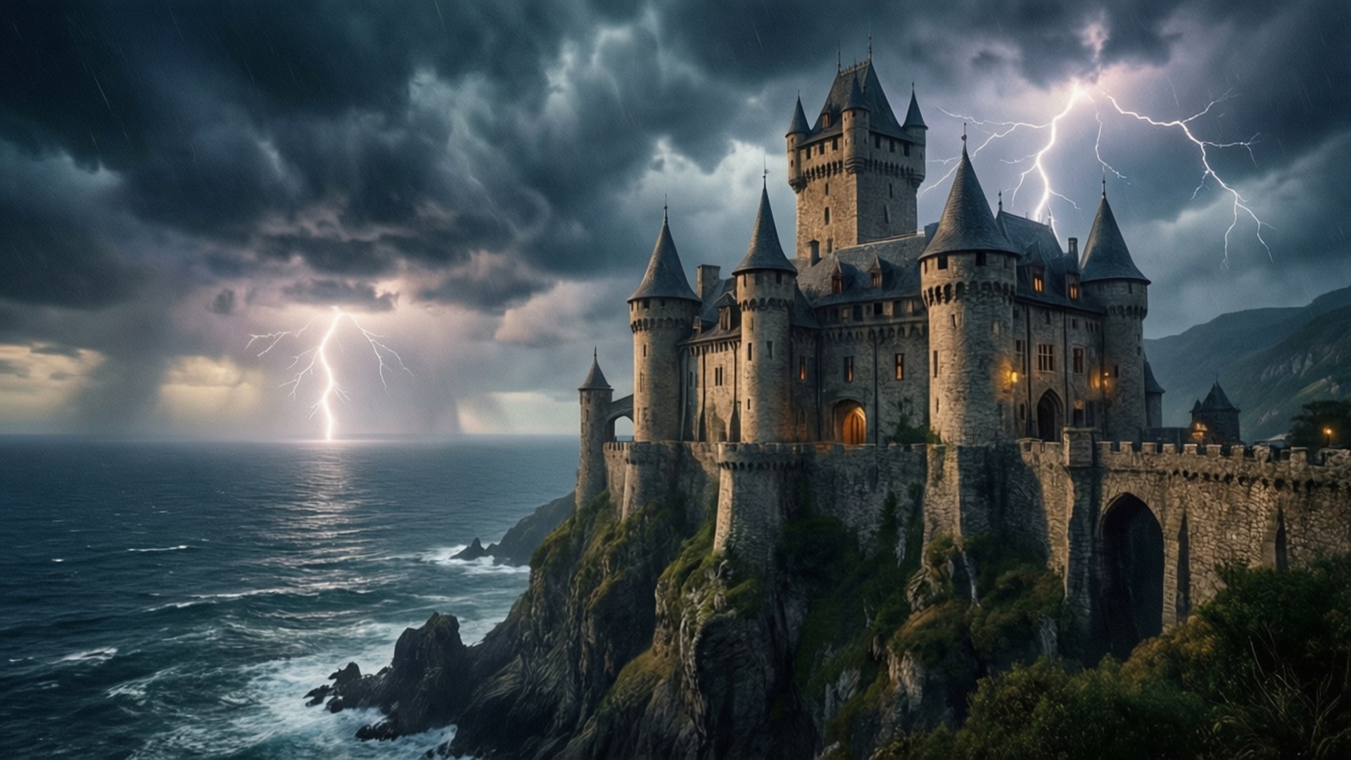 Castel pe Stâncă în Furtună Fundal