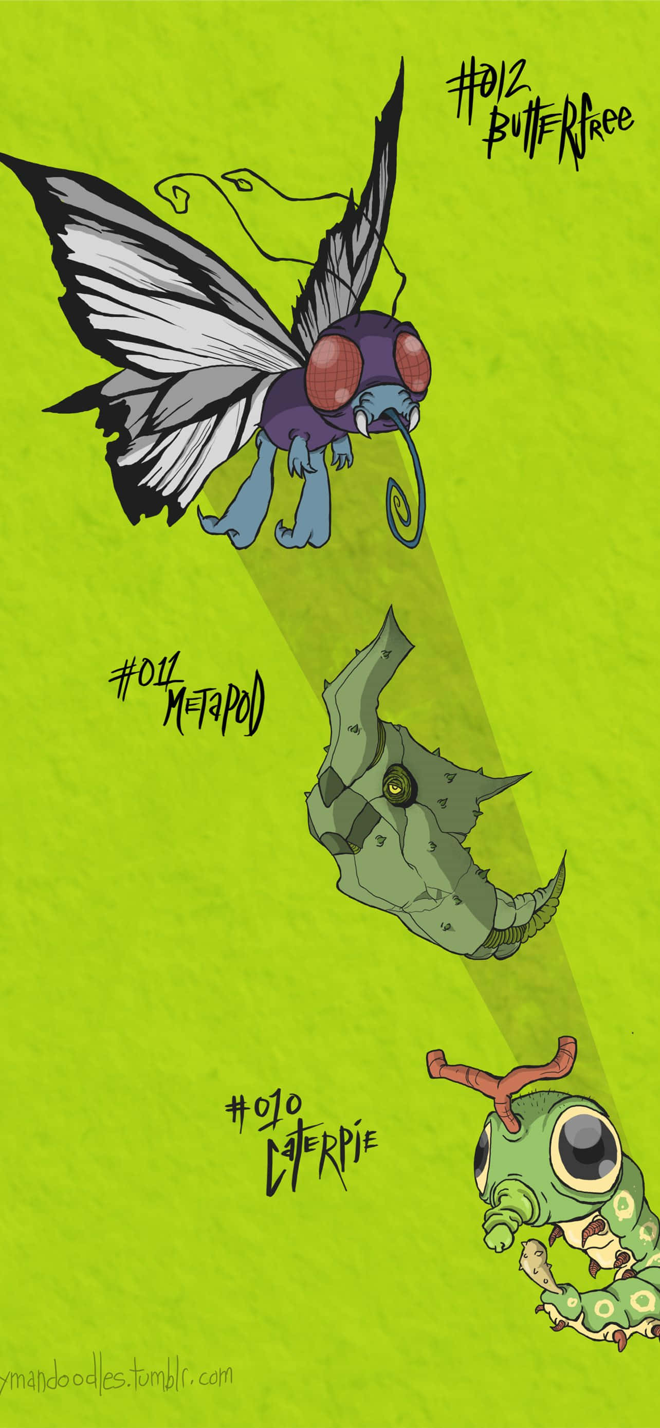 Caterpie, Metapod și Butterfree - Fundal Telefon Estetic Verde Fundal