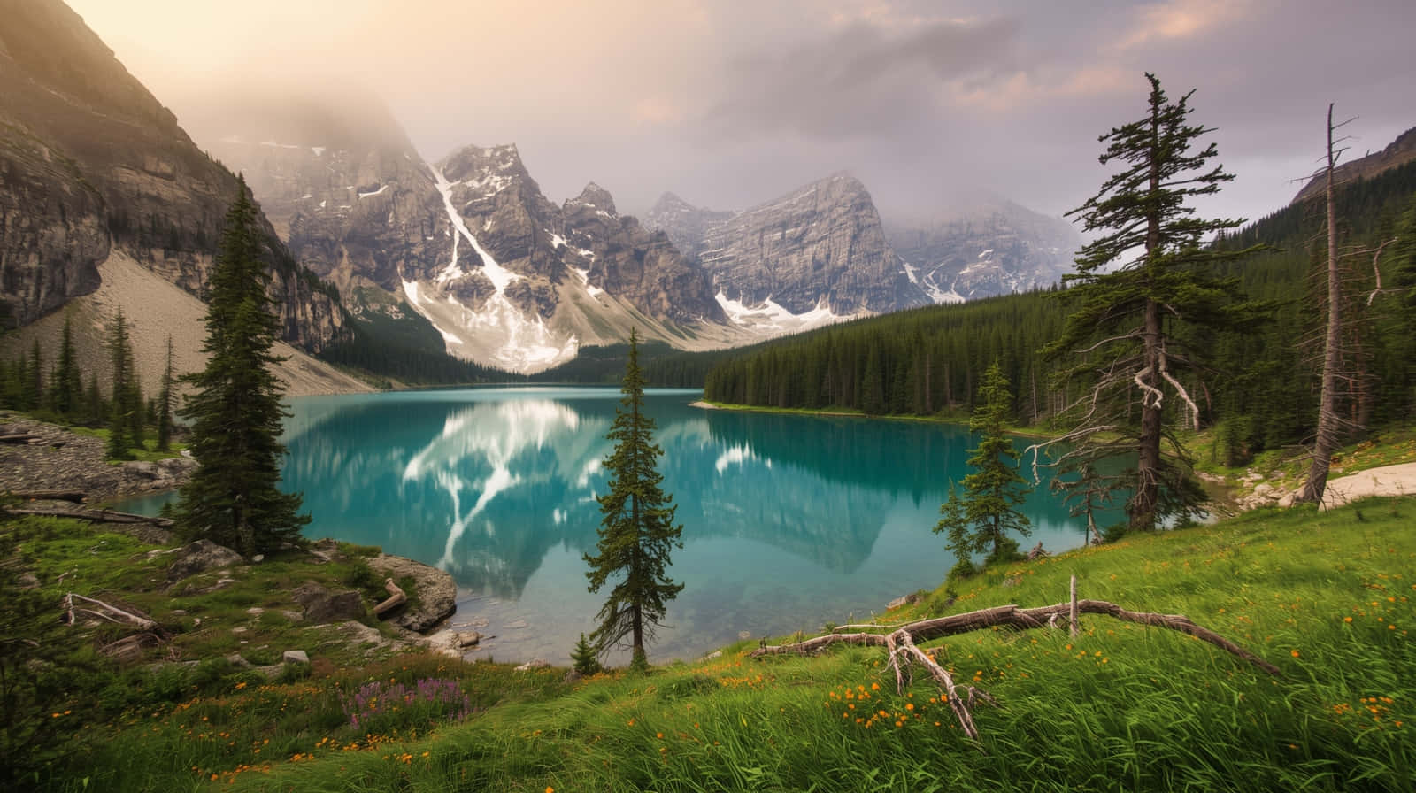 Ceata Peste Lacul Moraine și Reflecția Muntelui Turquoise Wallpaper Fundal