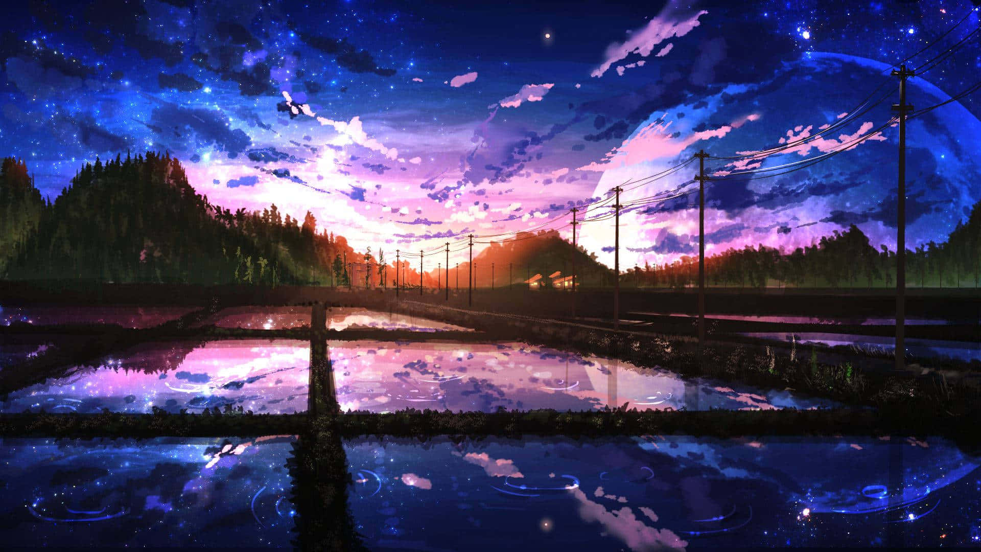 Cer mov peste ferme, peisaj frumos anime Fundal