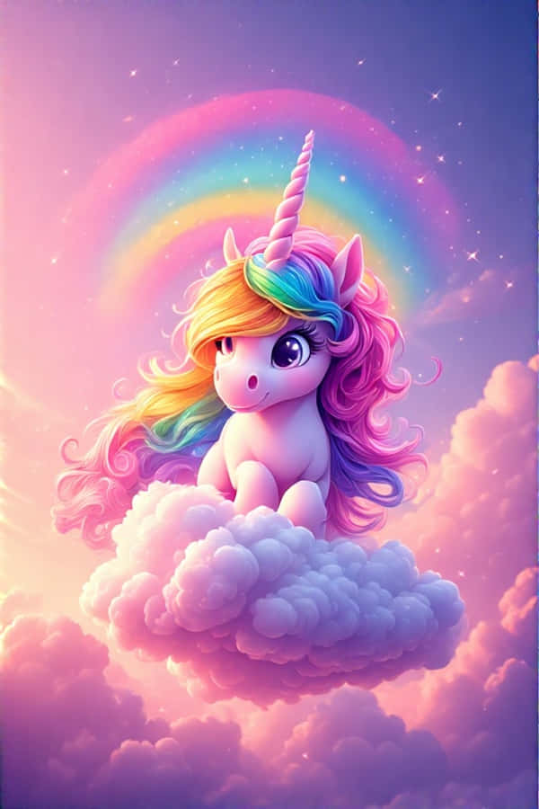 Chibi Unicorn pe un Nor cu Coamă Curcubeu 4K Fundal