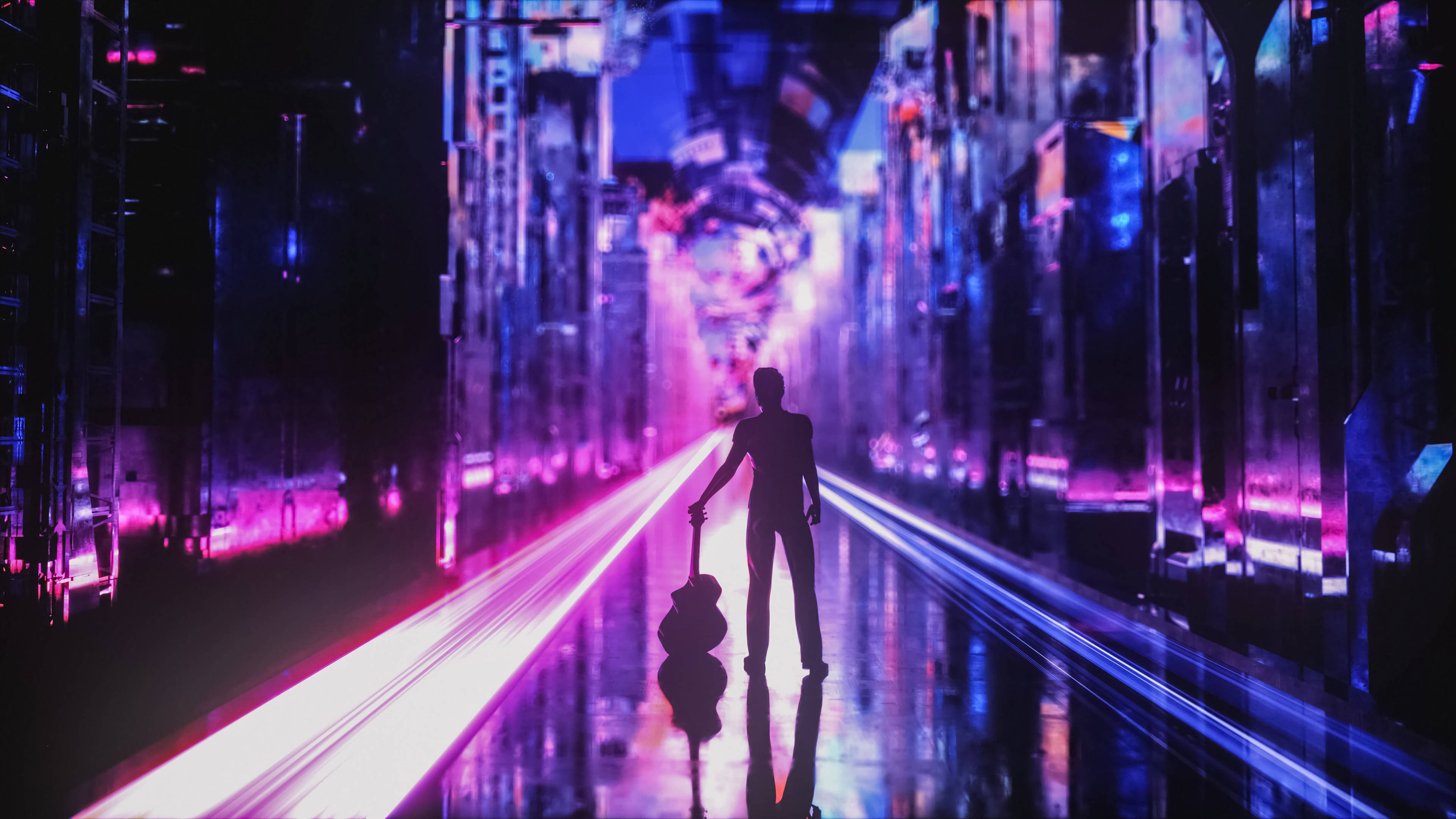 Chitarist învăluit în estetică neon violet Fundal