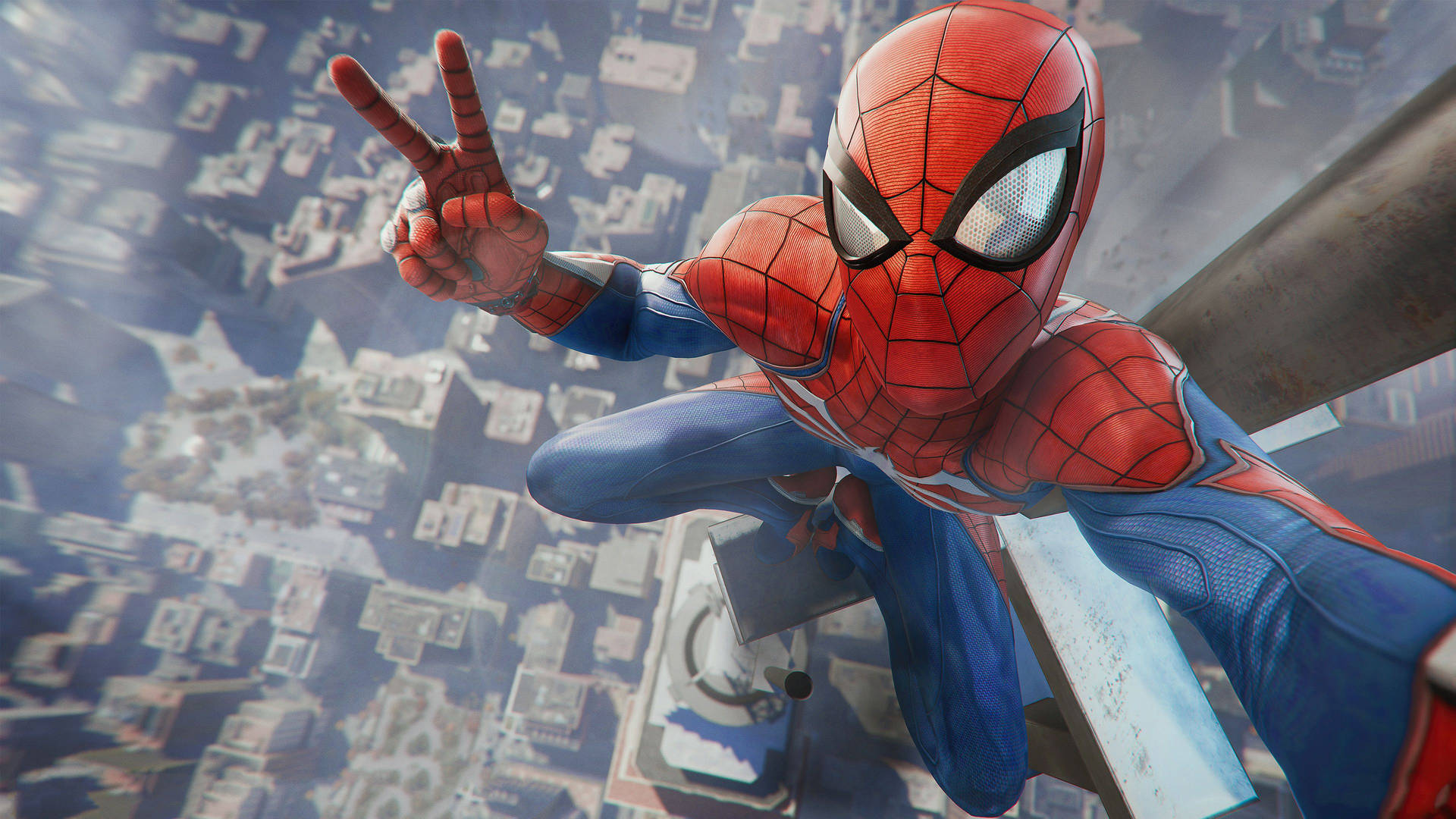 Omul Păianjen pe acoperișul unei clădiri privind în sus și făcând un selfie cu mâna în semnul păcii, arătând vedere de sus a orașului. — Spiderman Fundal