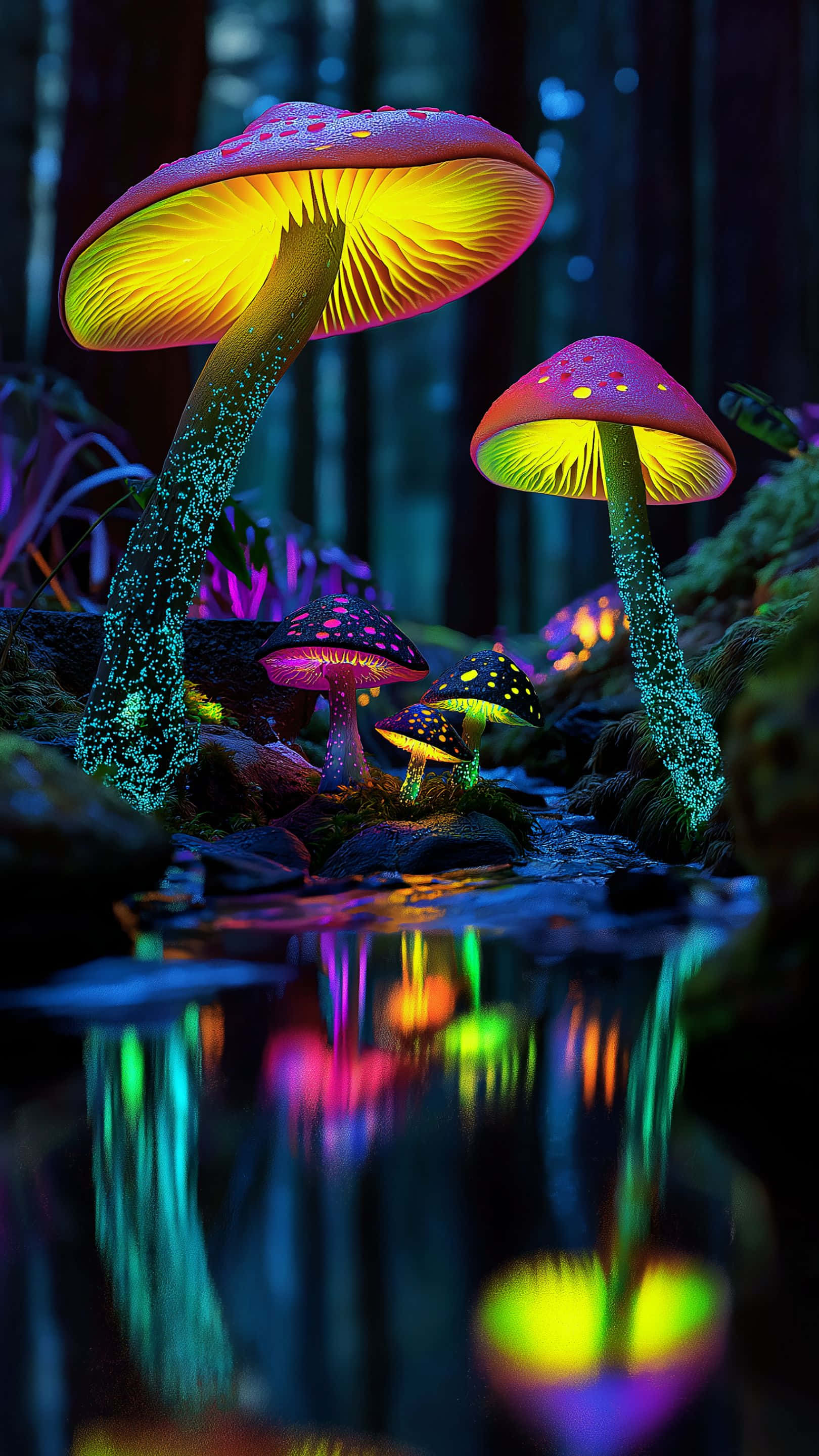Ciuperci bioluminescente strălucind vibrant într-o pădure încântată, reflectându-se în apă Fundal