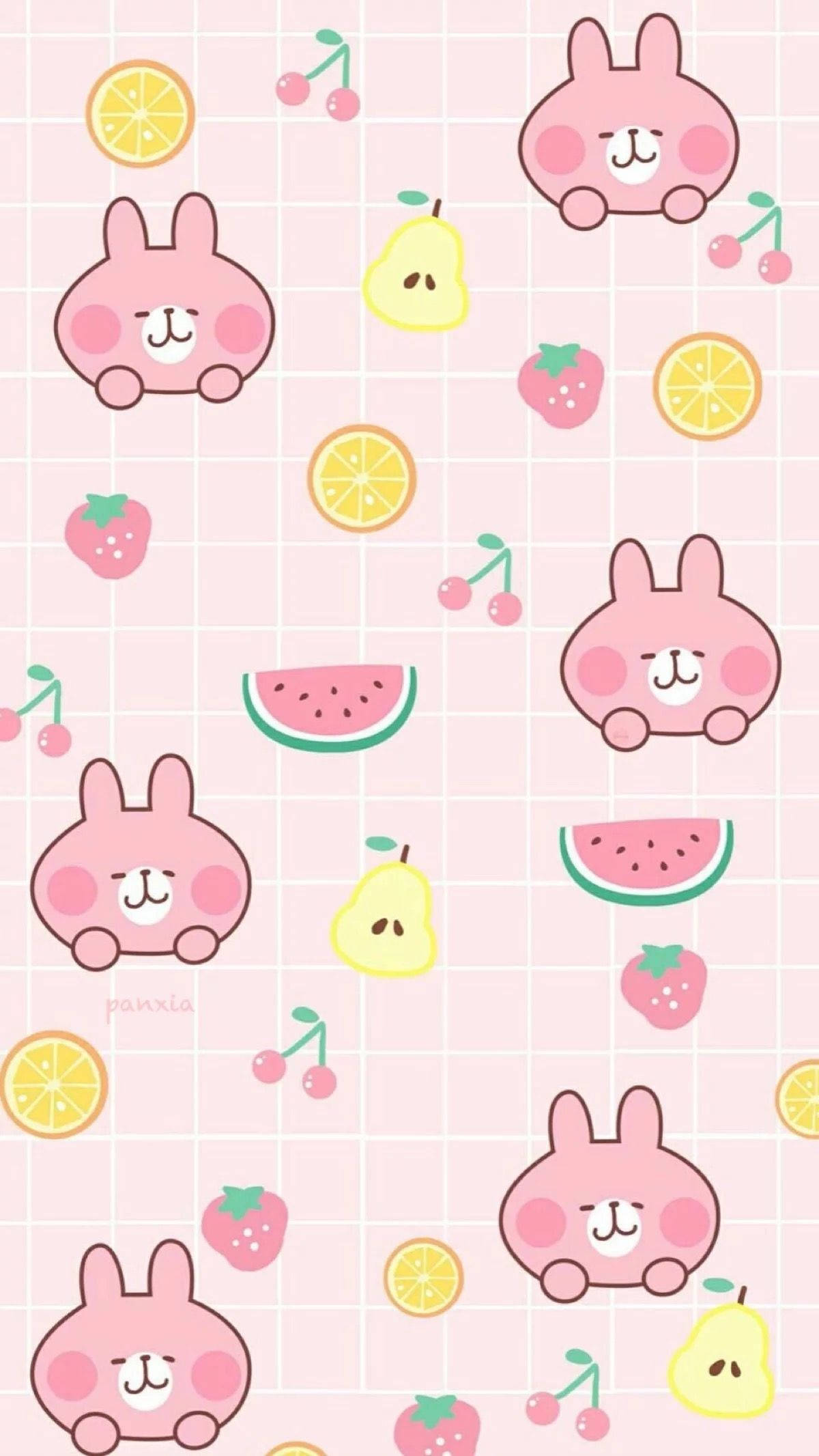 Colaj cu iepuraș roz Kawaii și fructe Fundal