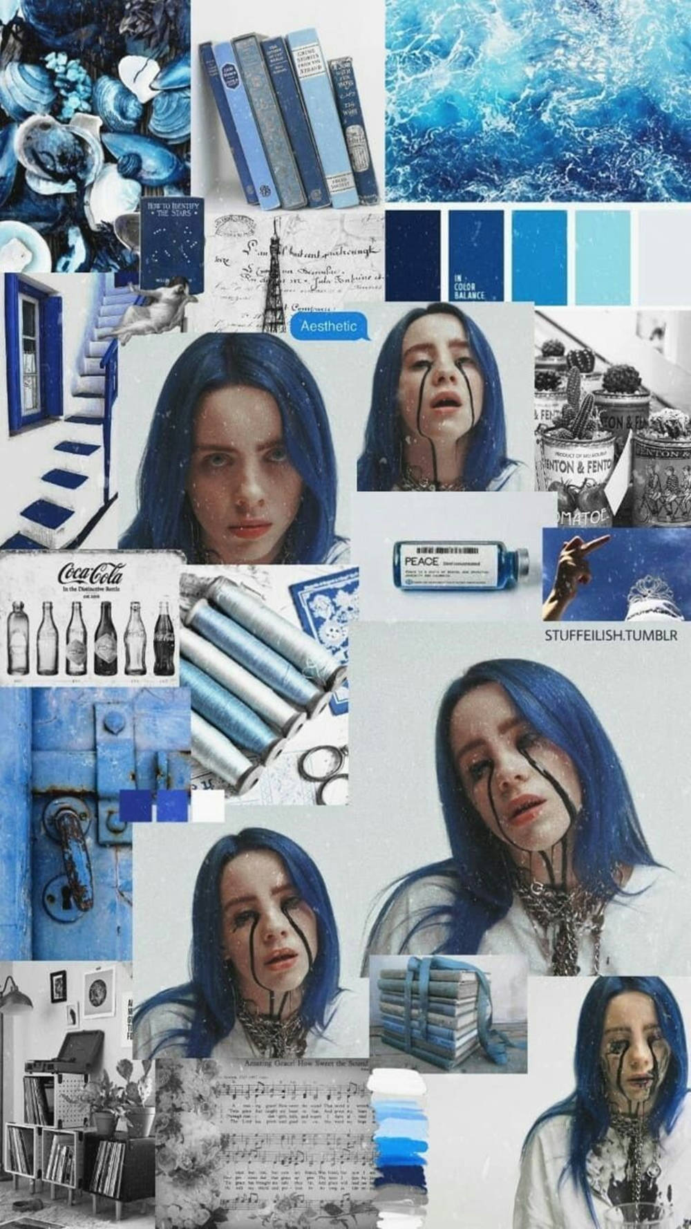 Colaj estetic Billie Eilish albastru și alb Fundal
