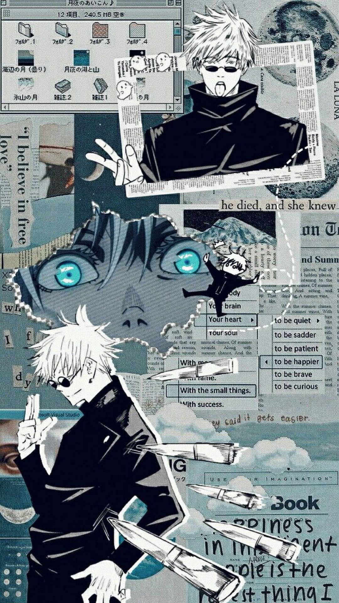 Colaj scrapbook albastru cu Satoru Gojo pentru telefon Jujutsu Kaisen Fundal