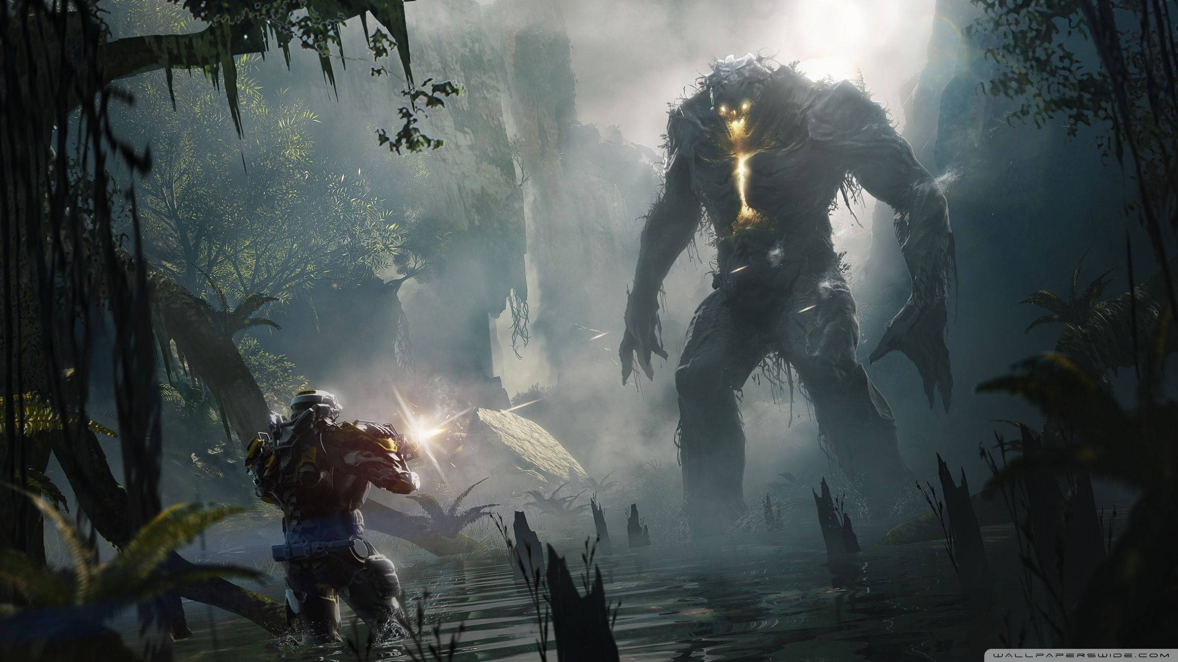 Confrontare între Javelin și inamic în jocul sci-fi epic, Anthem. Fundal