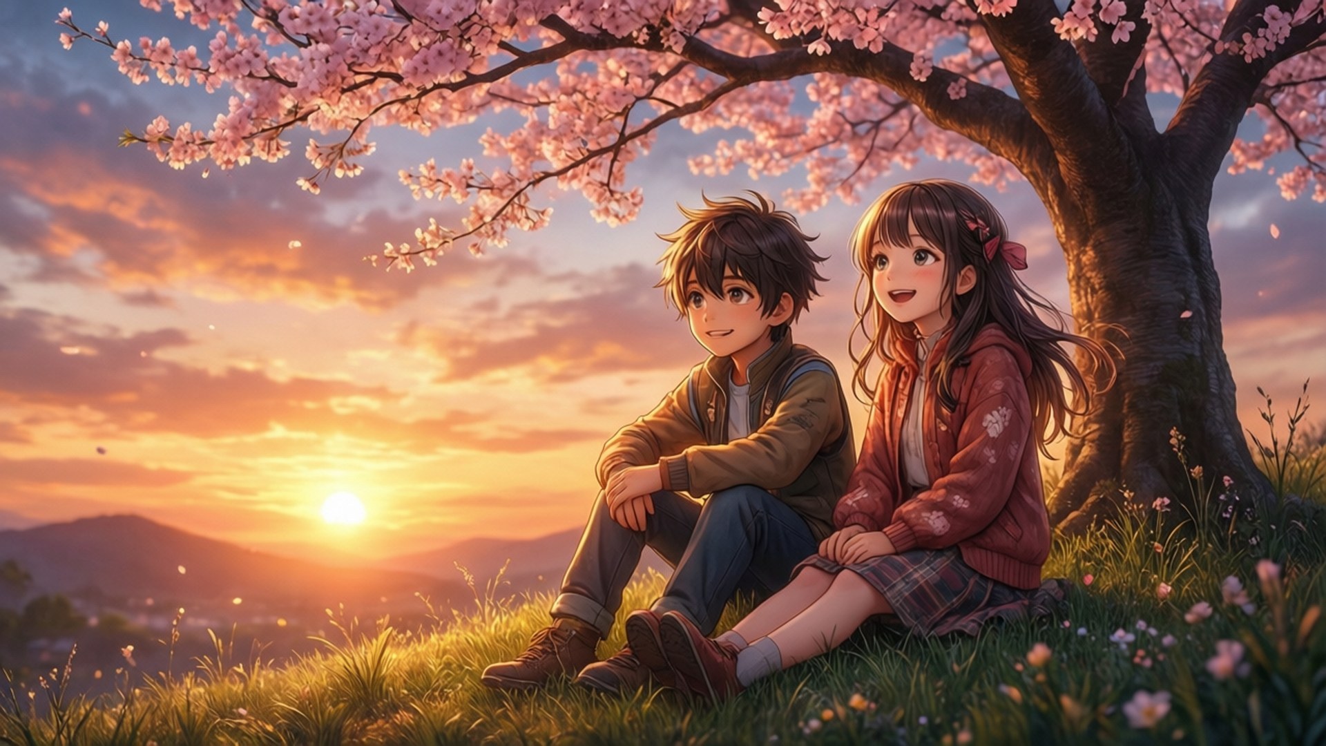 Copii anime la apus sub cireși înfloriți Fundal