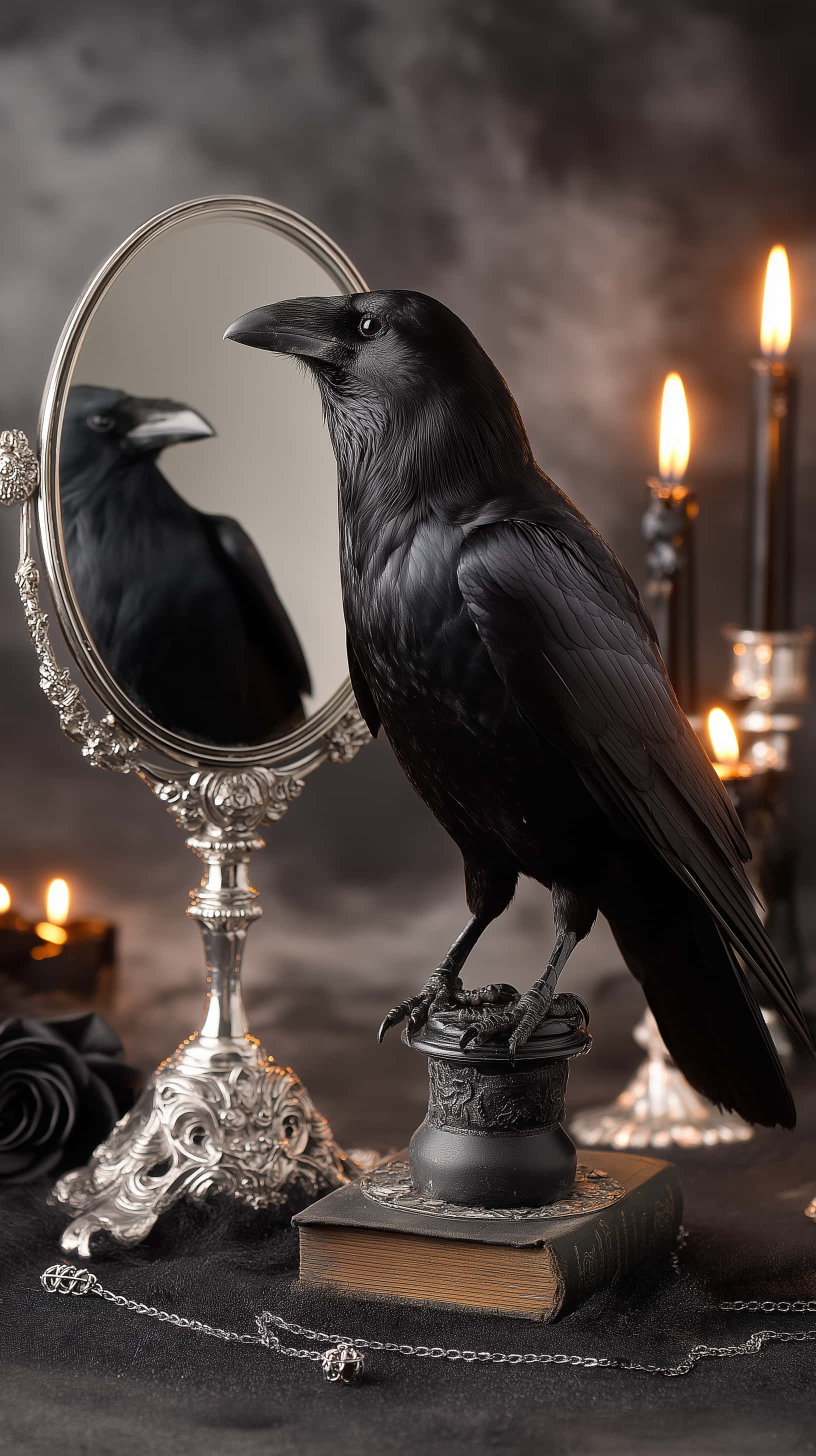 Corb cu oglindă ornamentată și lumânări strălucitoare, Dark Academia Fundal