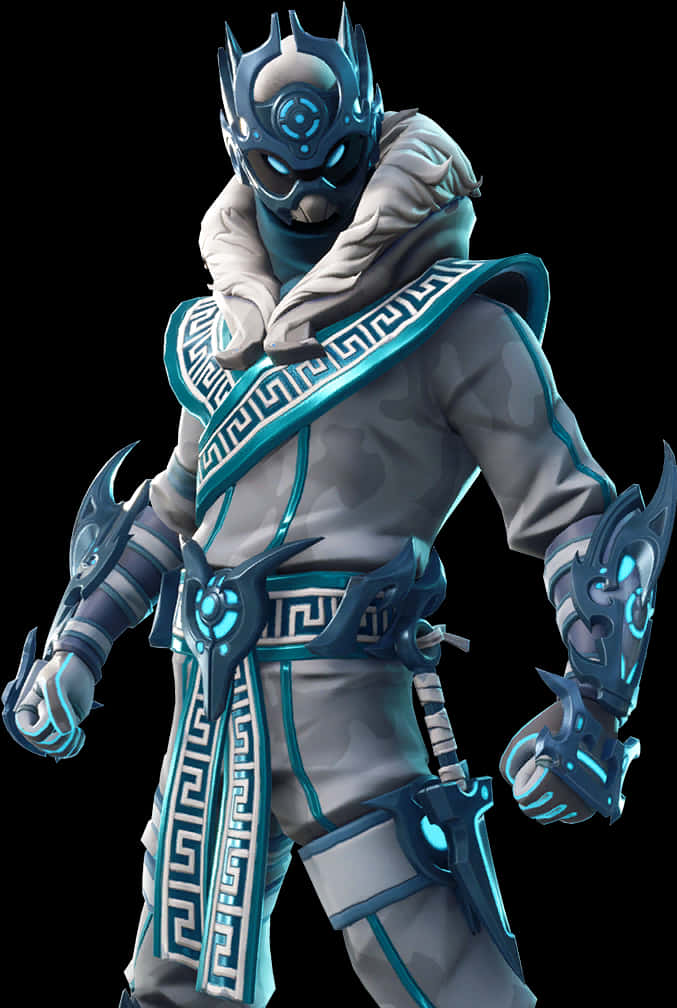 Costum Ninja Fortnite cu Strălucire Albastră Fundal