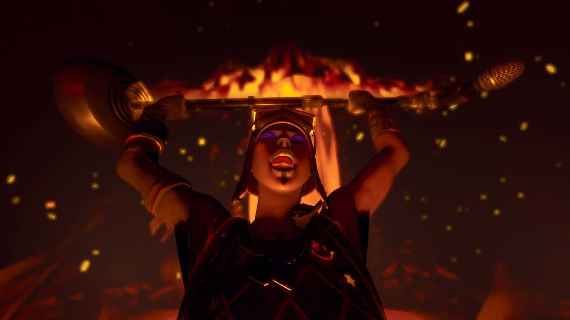 Costumul Blaze din Fortnite ridicând un suport de microfon Fundal