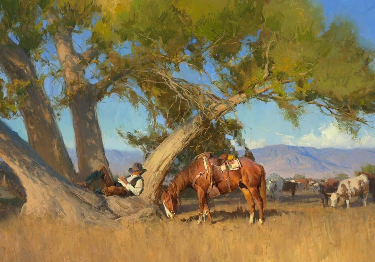 Cowboy occidental odihnindu-se pictură desktop Fundal