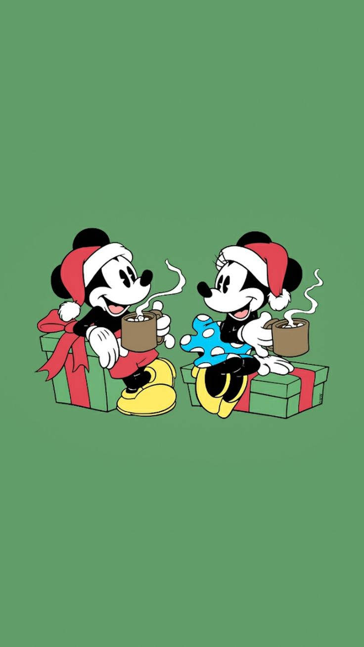 Crăciun Disney iPhone cu Mickey și Minnie bând cafea Fundal