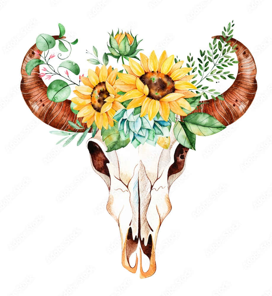 Craniu de taur cu coroană de flori Fundal