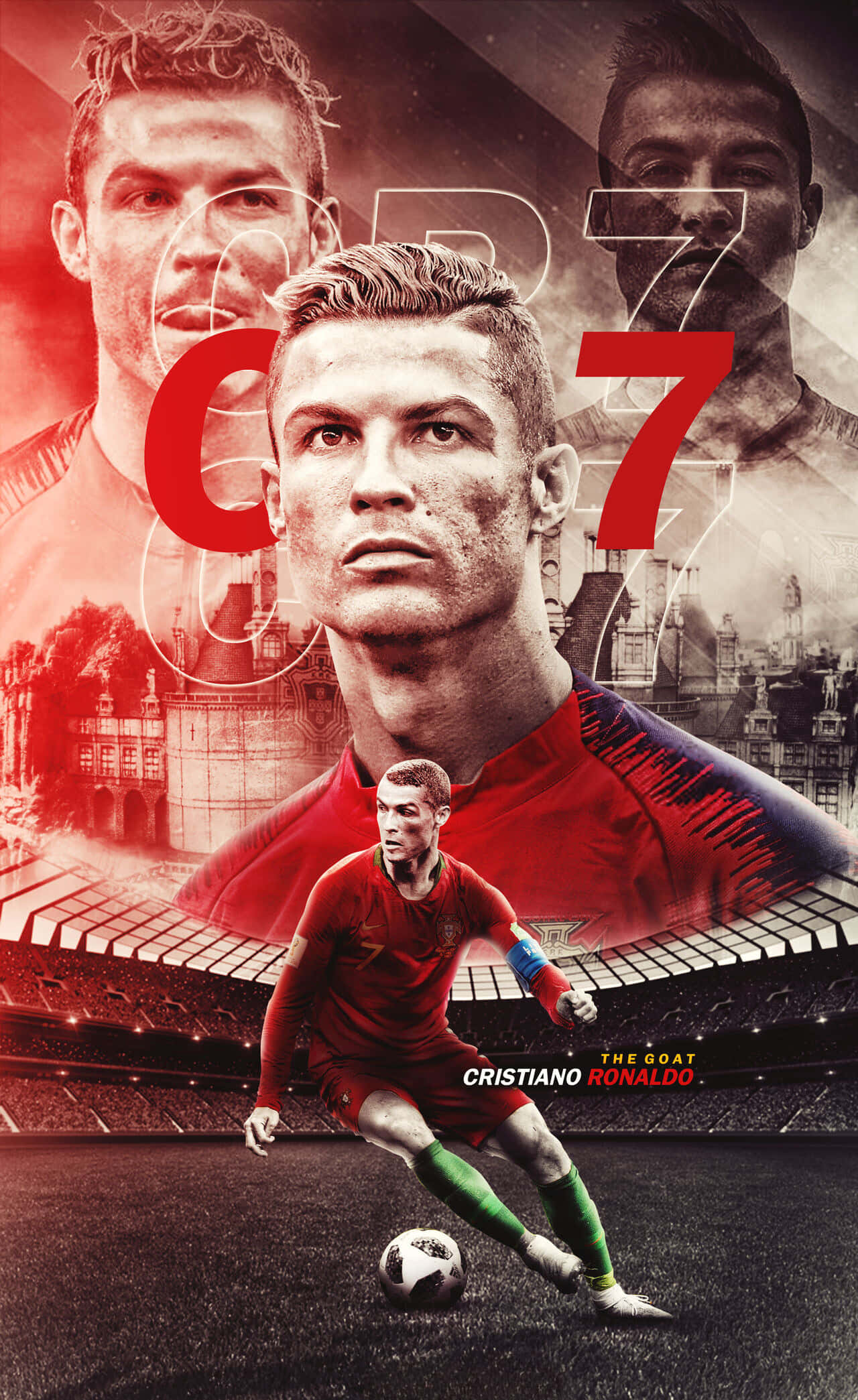 Cristiano Ronaldo pozează cu încredere pe terenul de fotbal Fundal