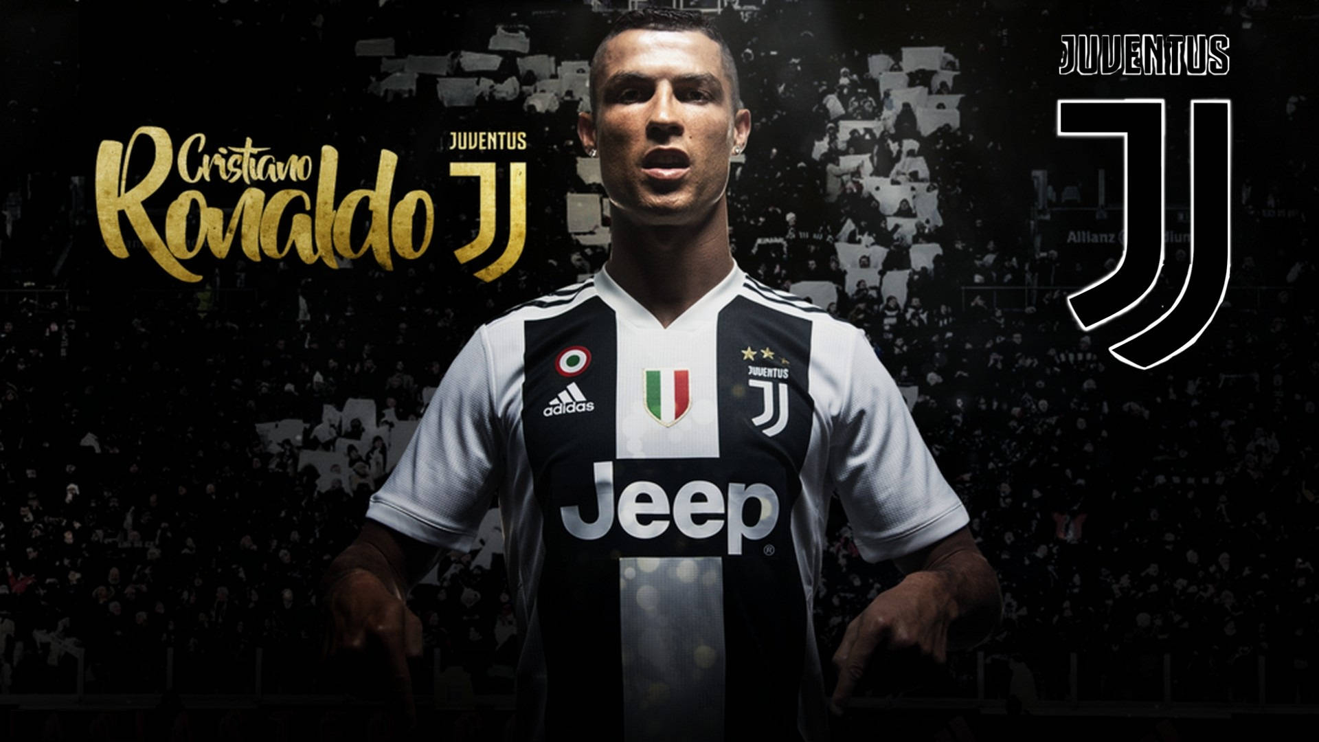 Cristiano Ronaldo în tricoul de acasă, pregătit să intre pe teren ca parte a puternicei echipe Juventus Fundal