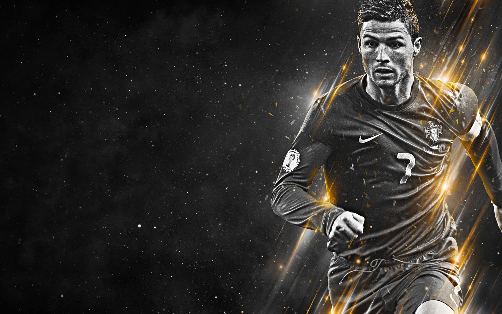 Cristiano Ronaldo fundal de perete negru și auriu.