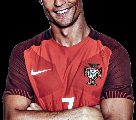 Cristiano Ronaldo zâmbind în tricoul Portugaliei Fundal